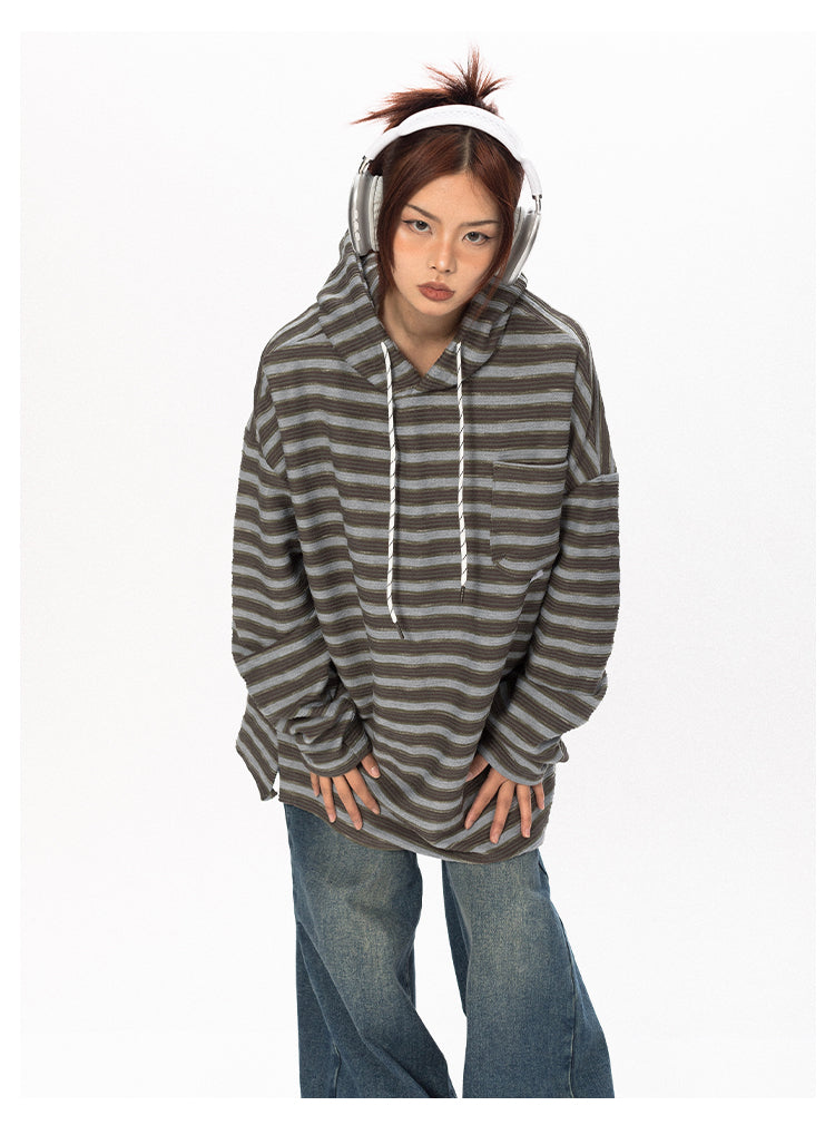 Striped Contrast Color Hooded T-Shirt - chiclara