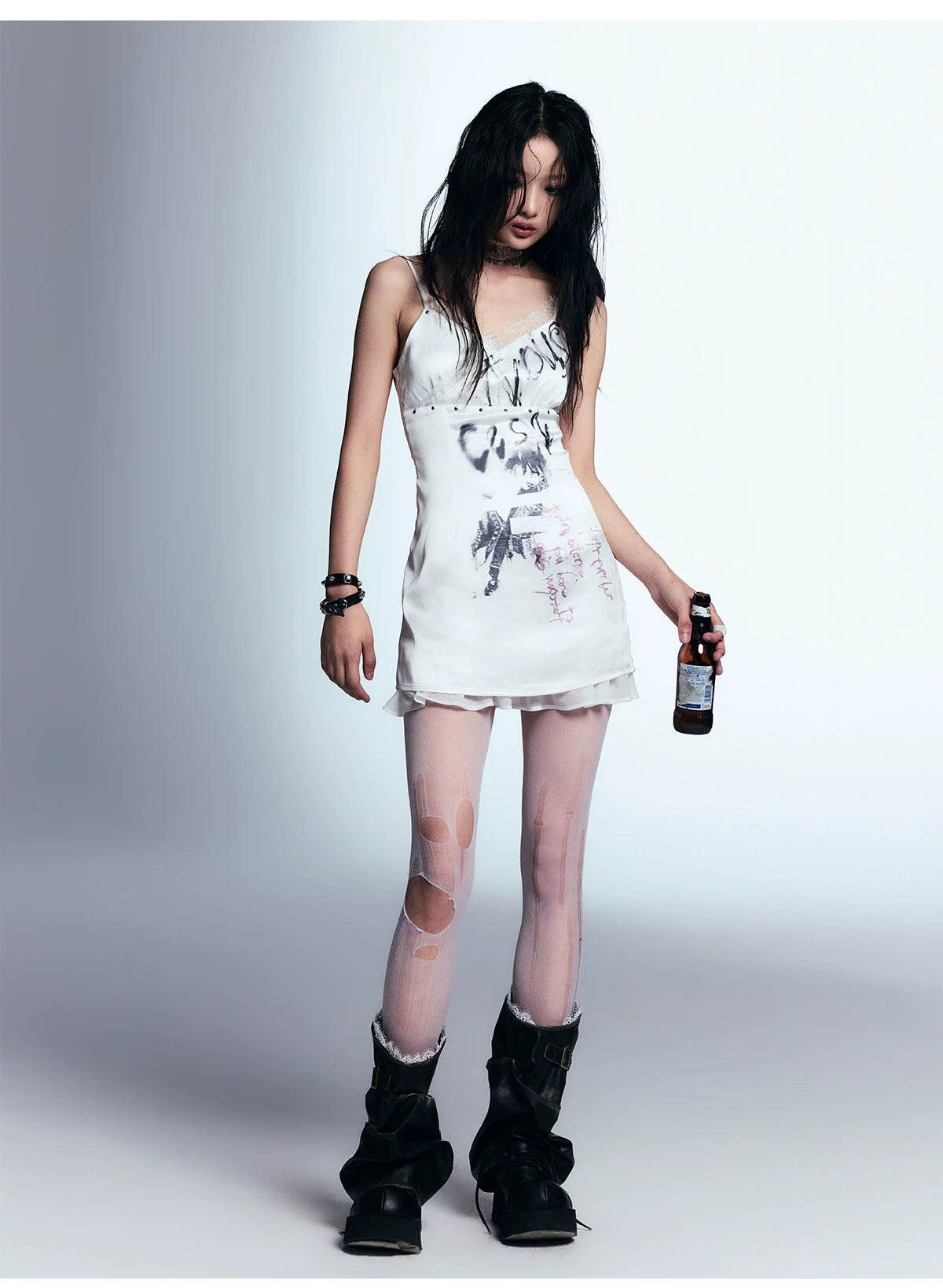 Cest Nous White Distressed Graphic Tank Dress - Women'S Sleeveless Mini Bodycon With Grunge Print