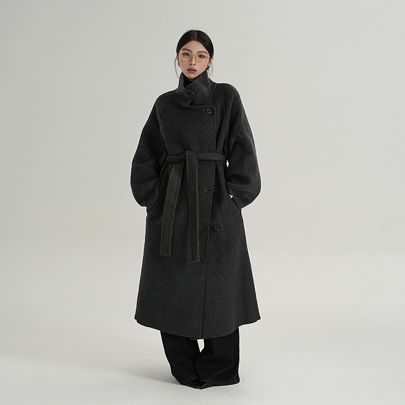 Cocoon Funnel-Belt Wool Coat