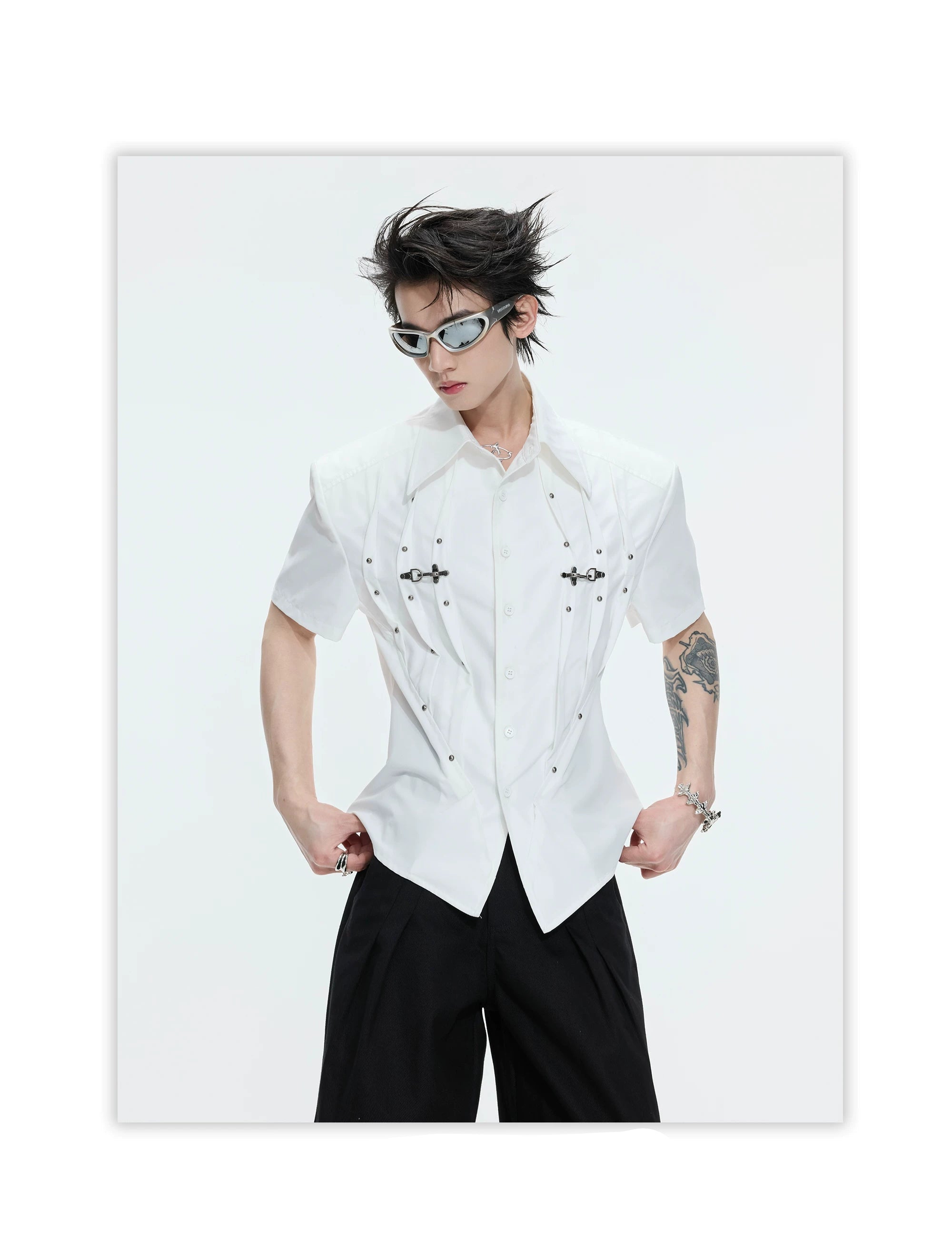 Pleated Safety Pin Accent Shirt