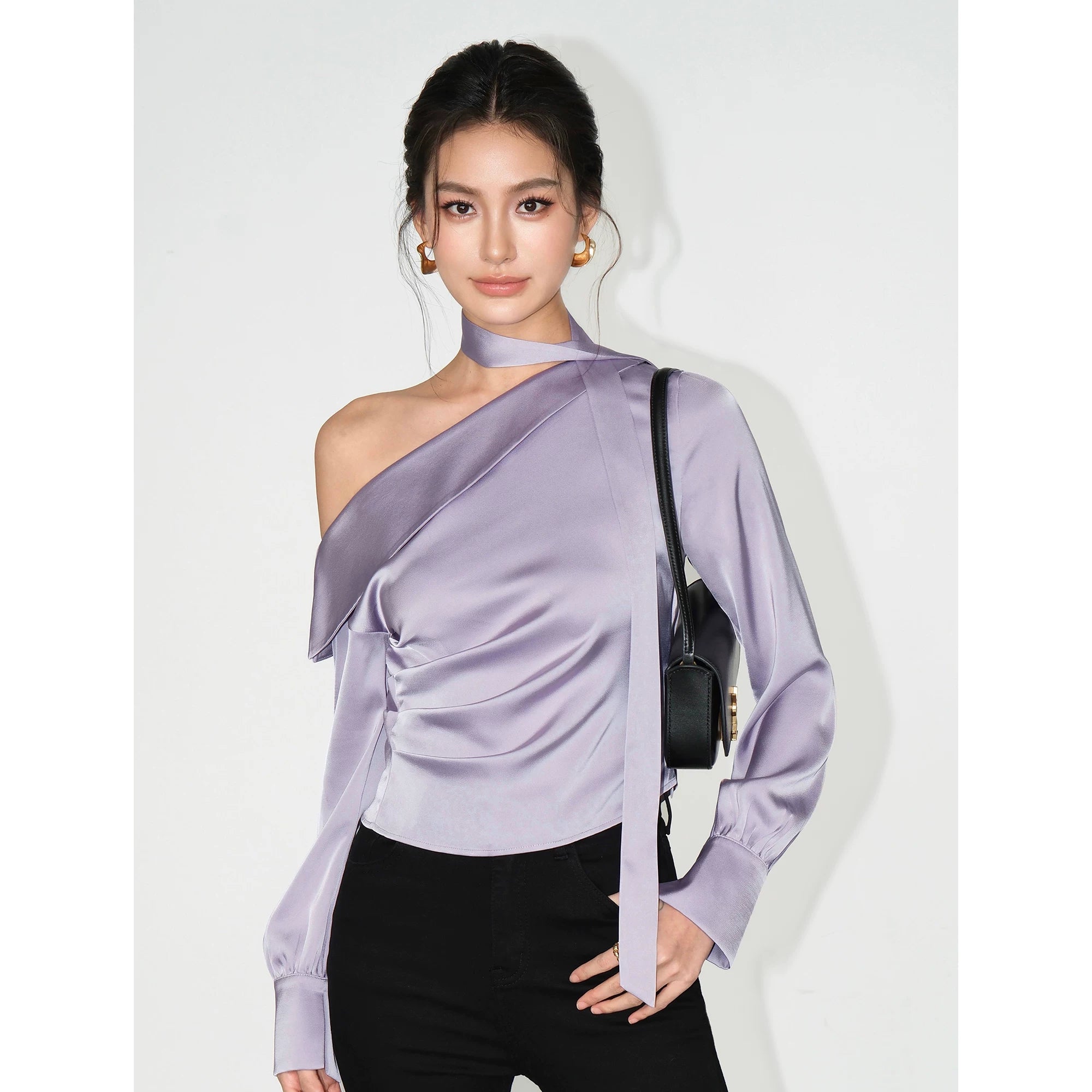 Asymmetric Choker Satin Ruched Blouse