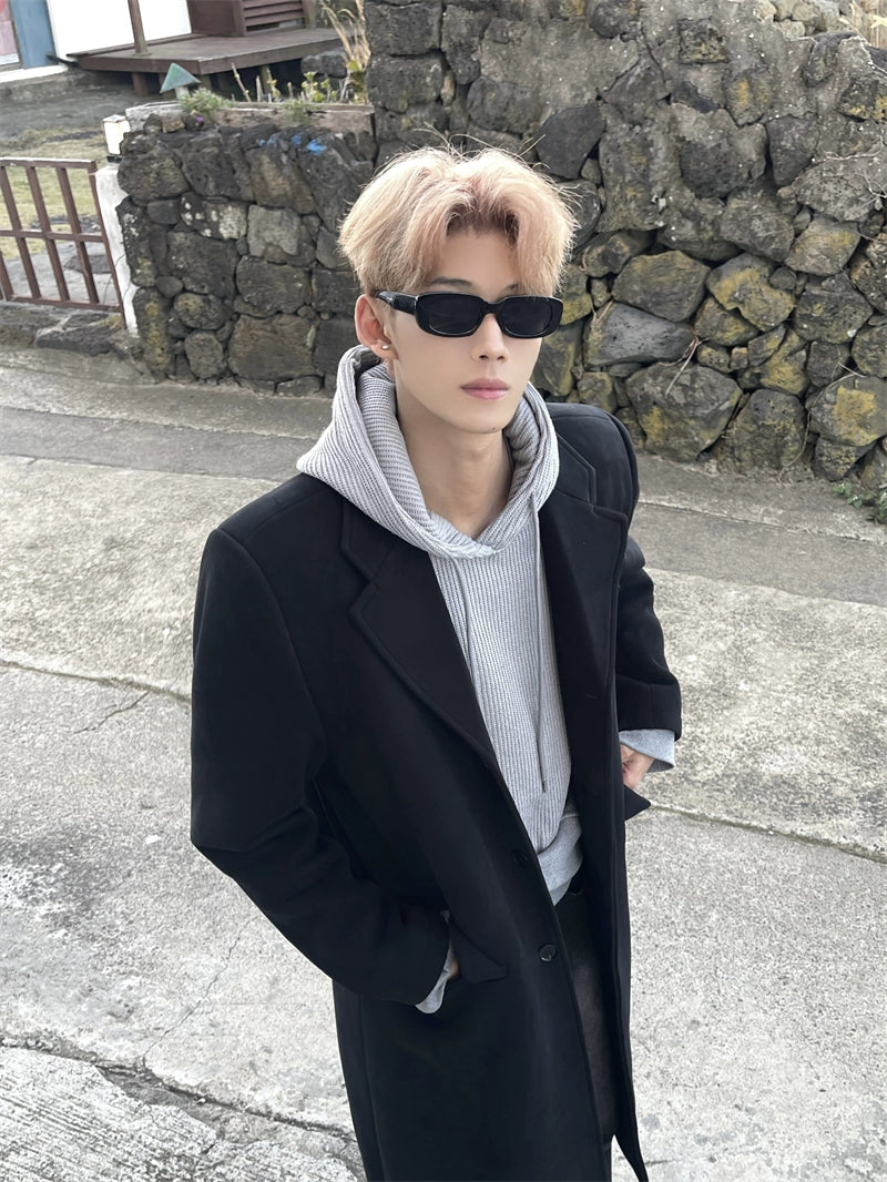 Long Black Wool Coat with Hoodie Layering