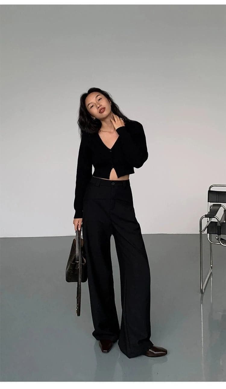 Black High-Waist Straight-Leg Suit Trousers - chiclara