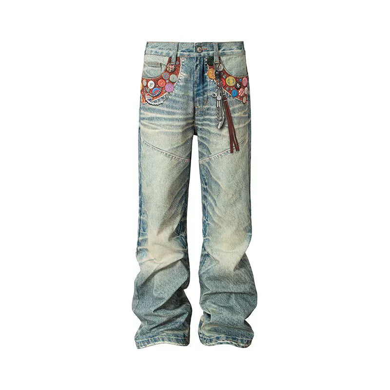 Badge Embellished Washed Wide Leg Jeans