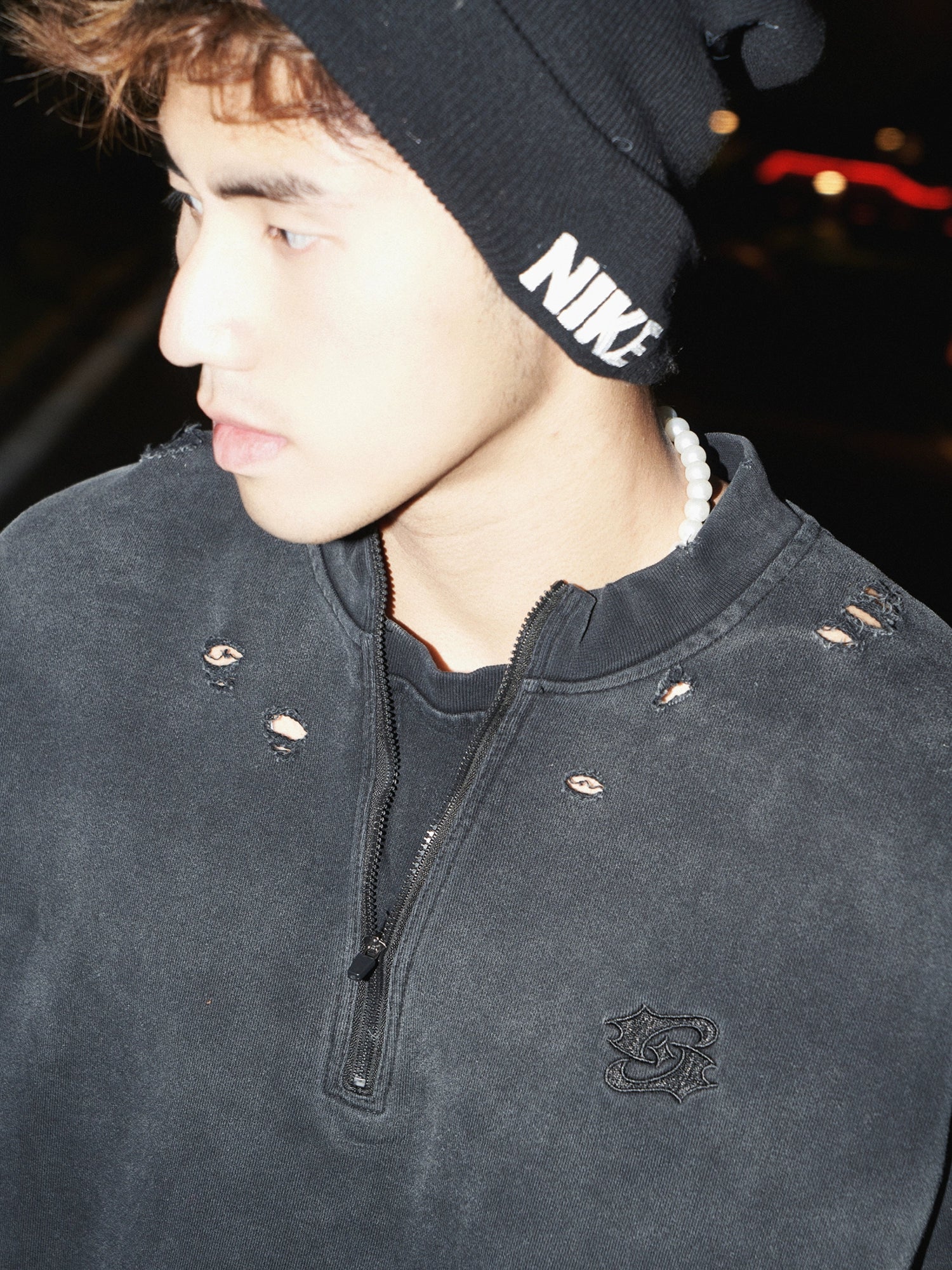 Distressed Black Quarter-Zip Sweatshirt