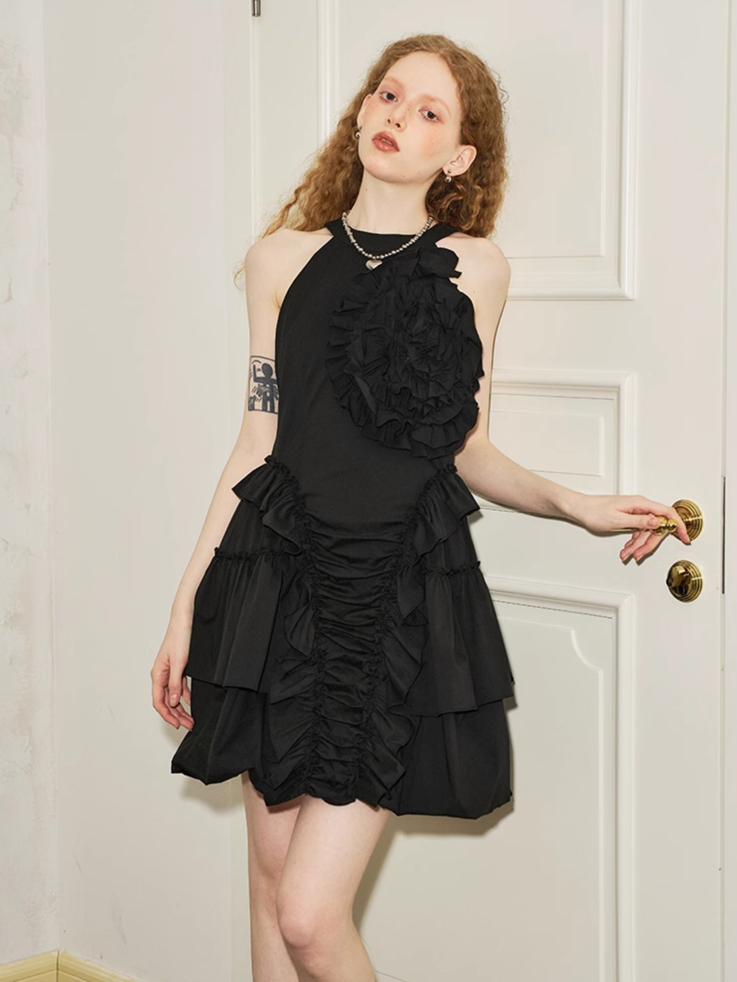 Irregular Pleated Three-Dimensional Rose American Sleeve Dress - chiclara