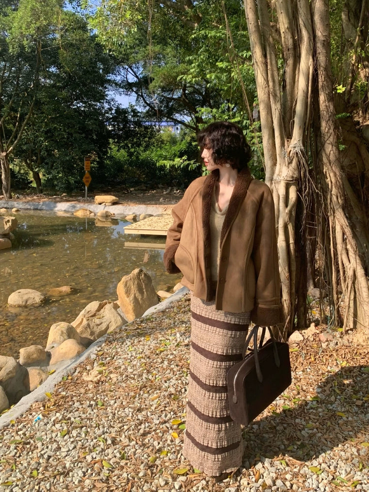 Beige and Black Striped Textured Maxi Skirt