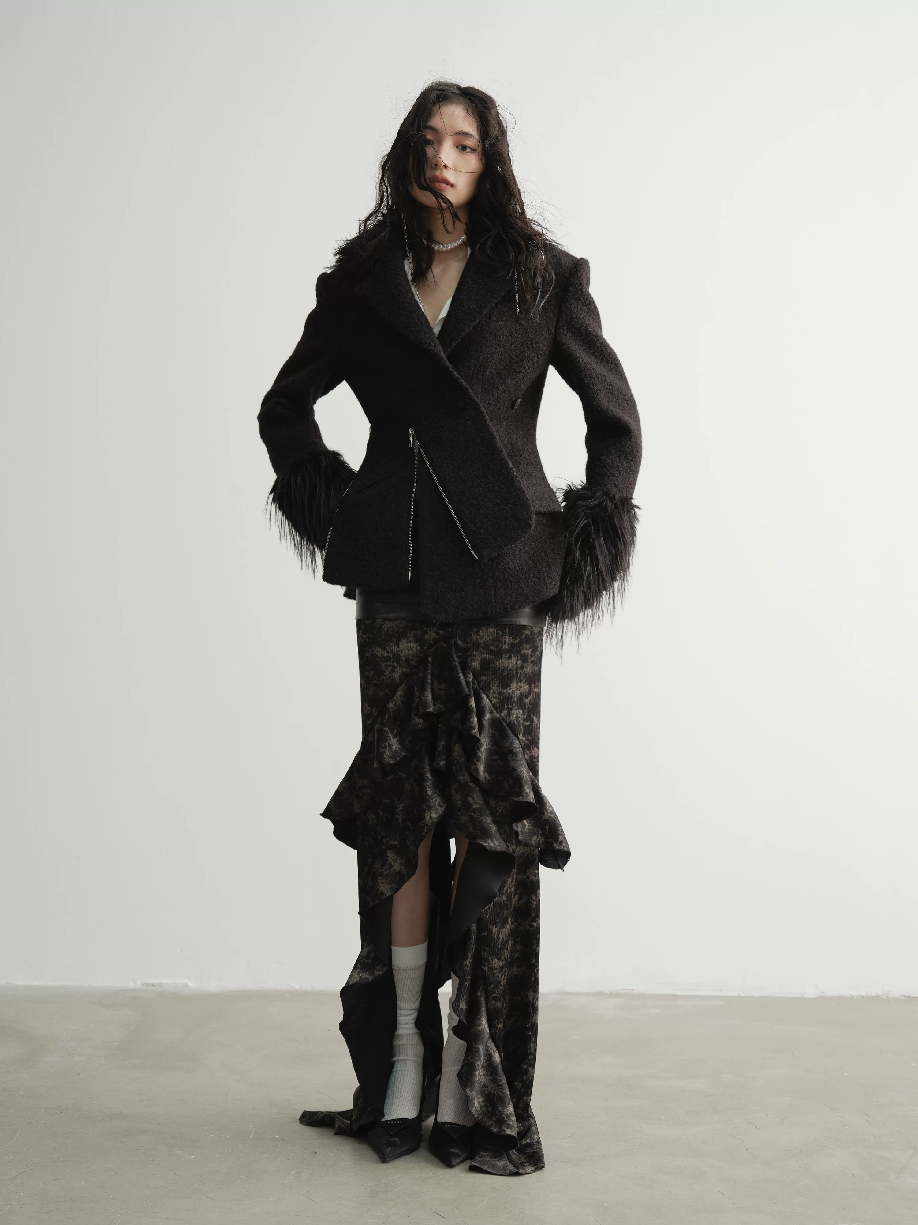 Shadowplume Textured Fur Cuff Coat