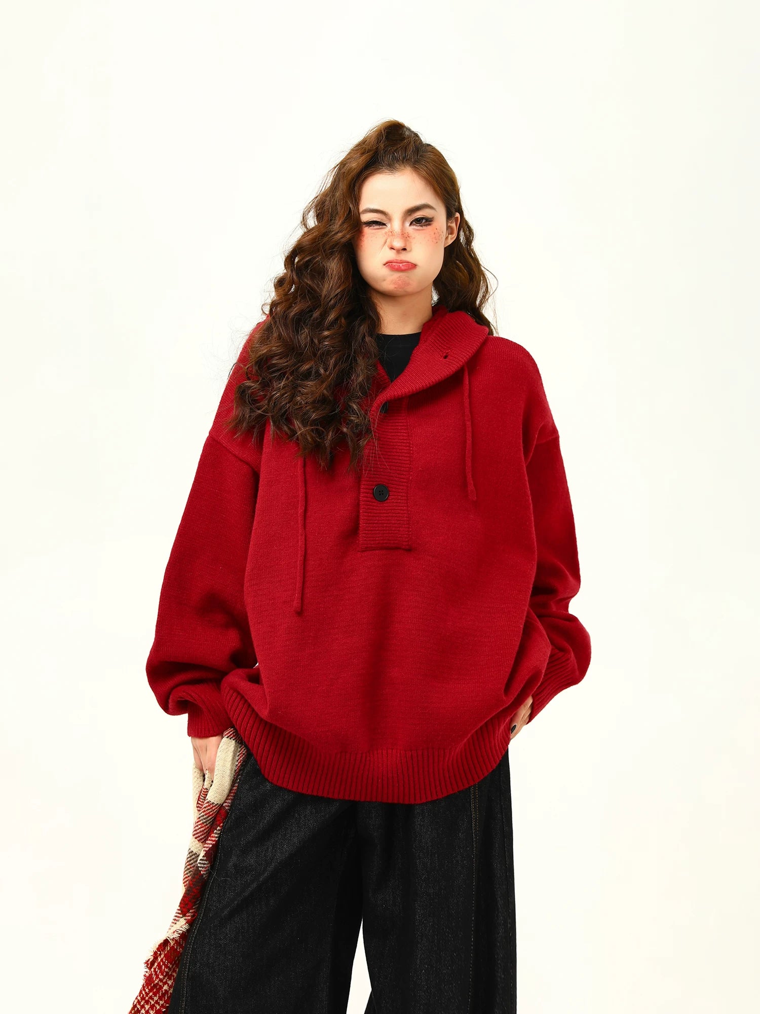 Cranberry Puff Knit Hoodie Sweater