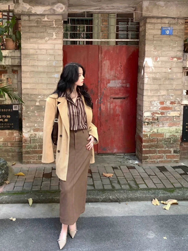 Double-Breasted Relaxed Camel Blazer