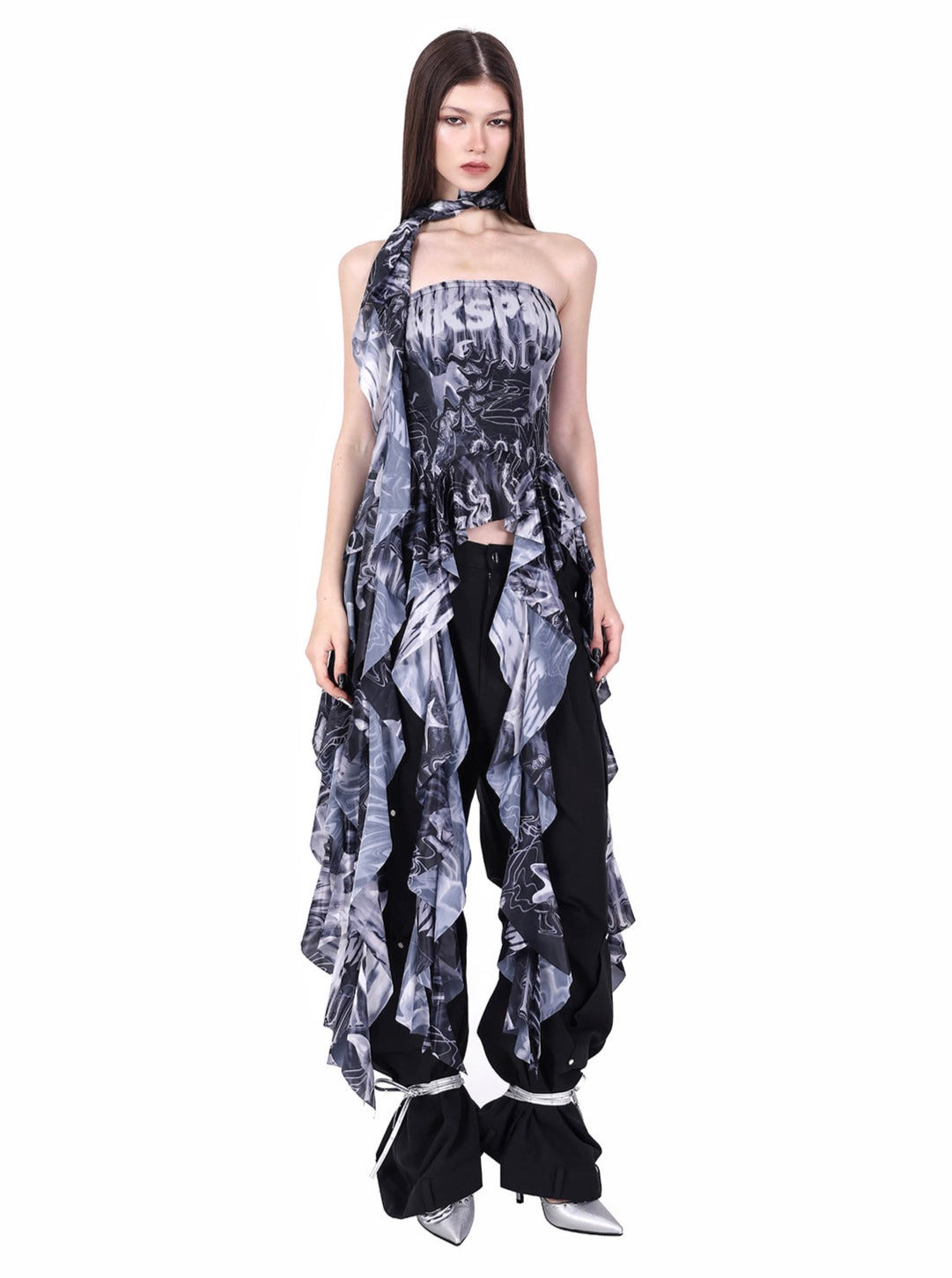 PINKSPINK Smoke Print Ruffled Scarf and Top Set - Black and White