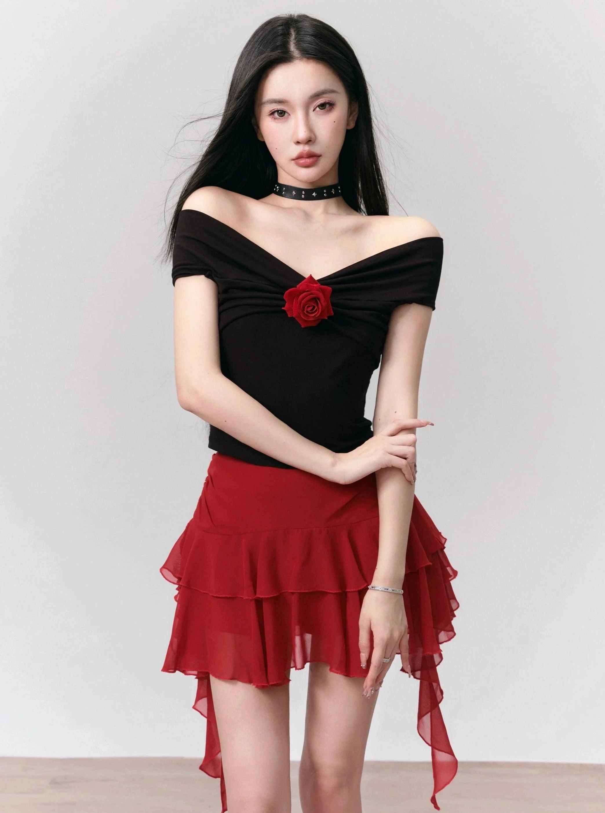 Flamenco-Inspired Dance Set: Off-Shoulder Rose Top and Ruffled Mini Skirt