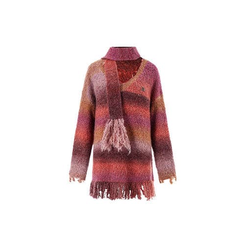 Color Block Oversized V-Neck Sweater With Attached Scarf - chiclara