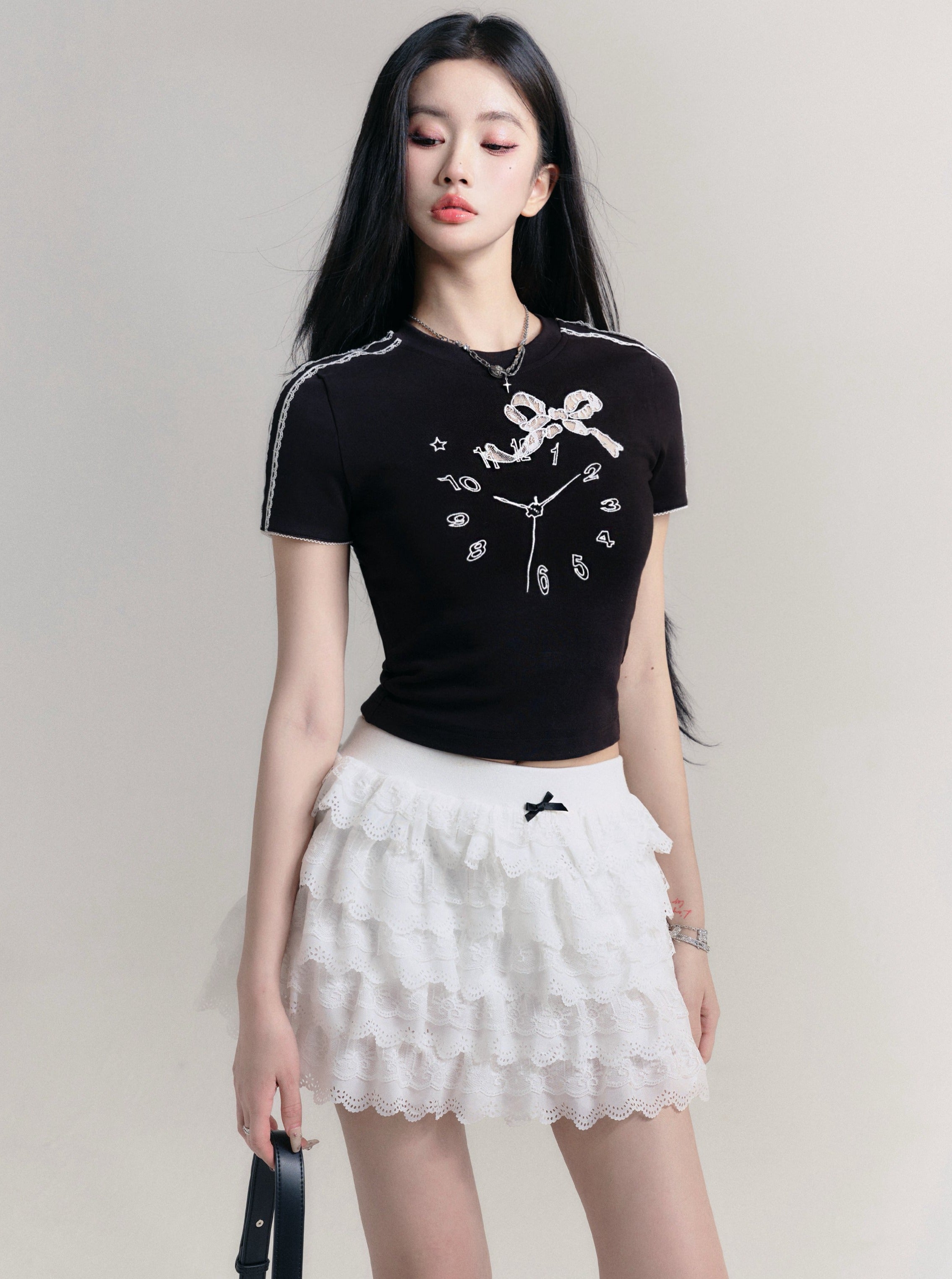 Whimsical Clock Face Crop Top with Glitter Bow - Retro Sporty Chic