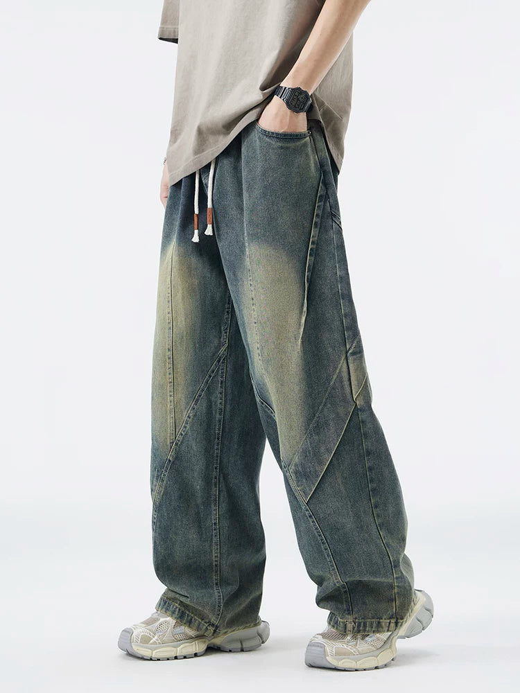 Paneled Drawstring Wide-Leg Jeans