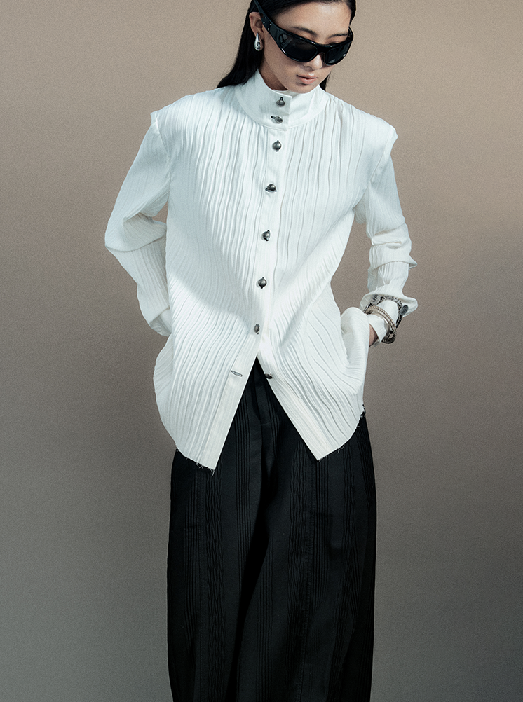 Pleated High Neck Shirt