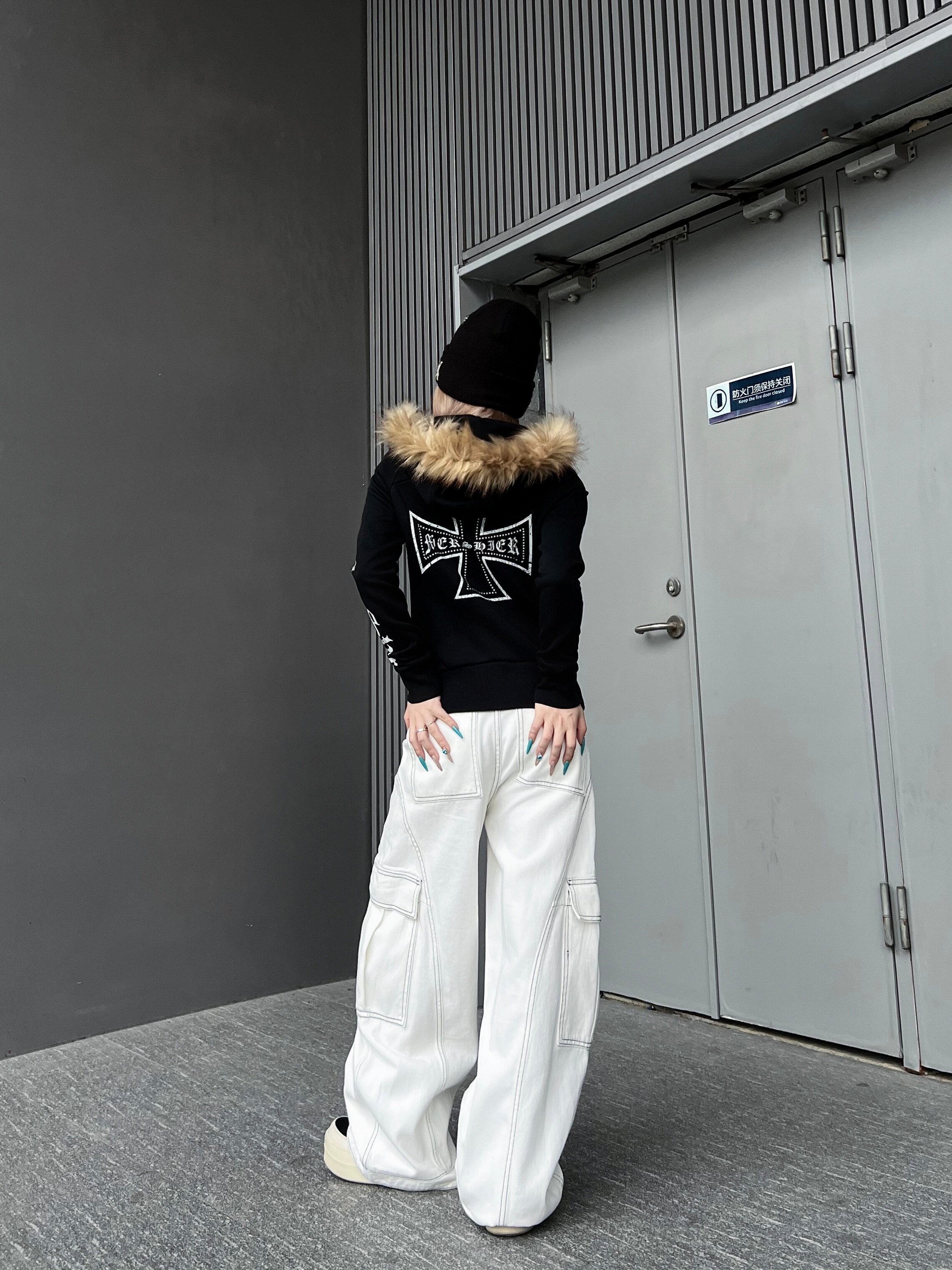 Men's Faux-Fur Collar Cross-Print Hoodie