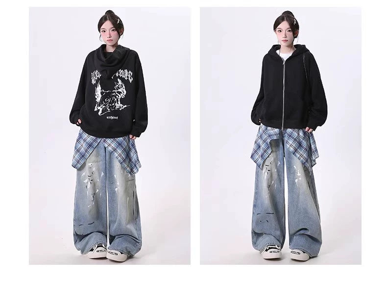 Plaid Wrap Distressed Wide Leg Jeans