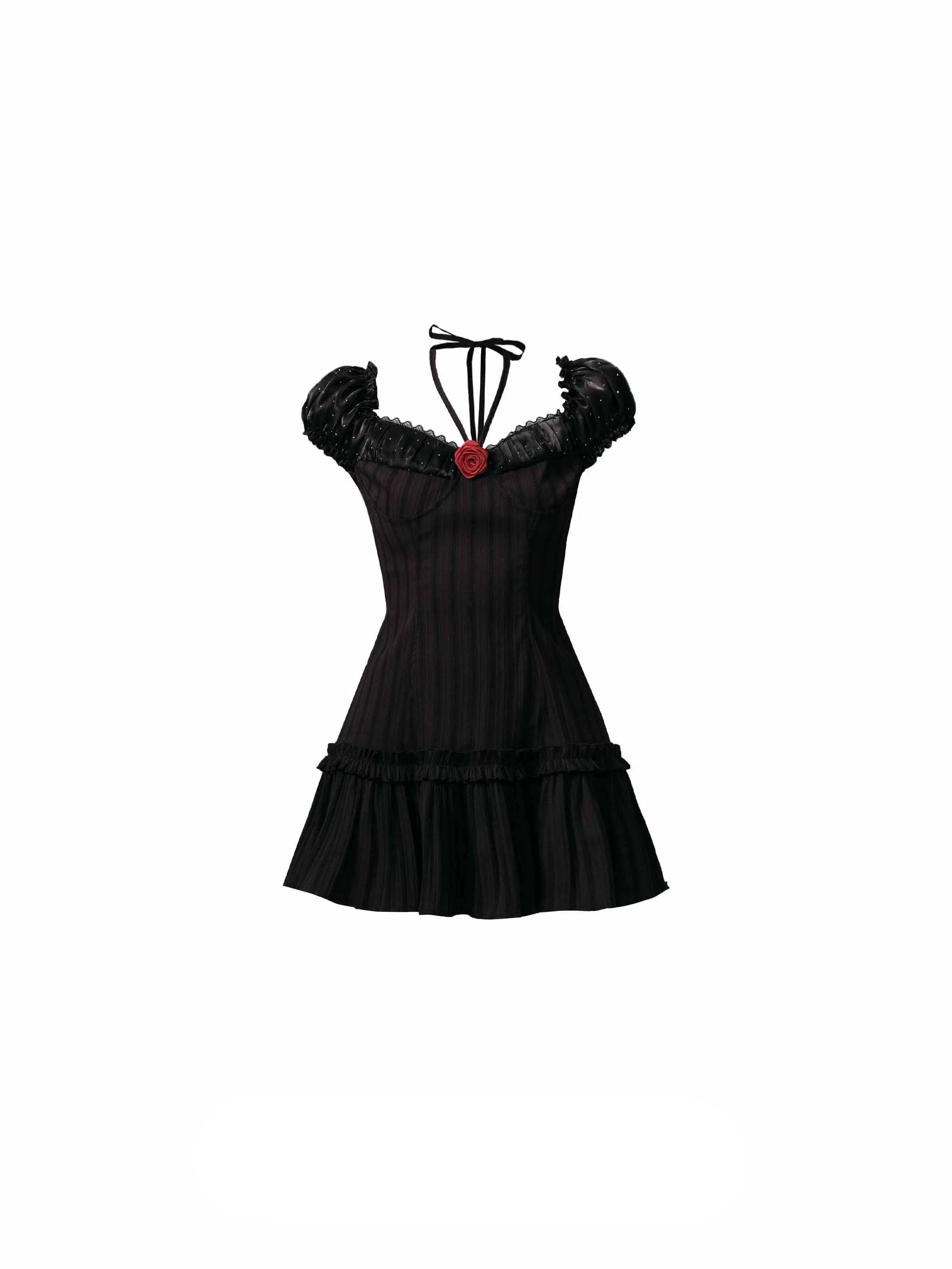 Black Puff Sleeve Ruffle Mini Dress with Halter Tie