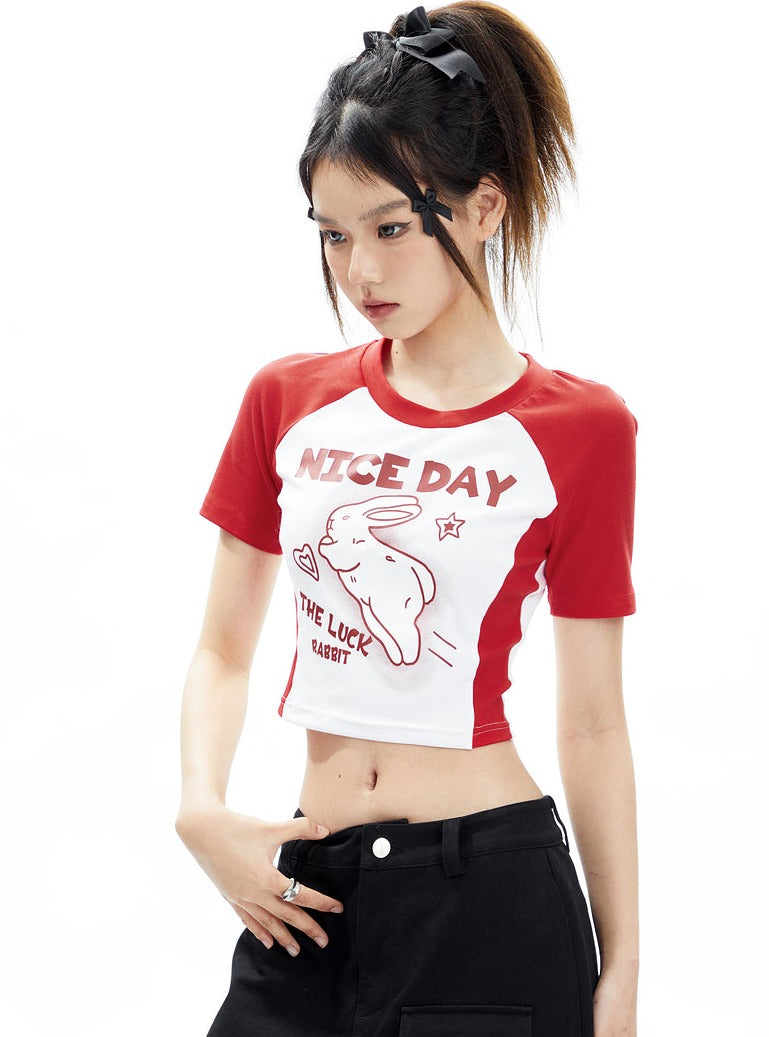 Nice Day Lucky Rabbit Raglan Crop Tee