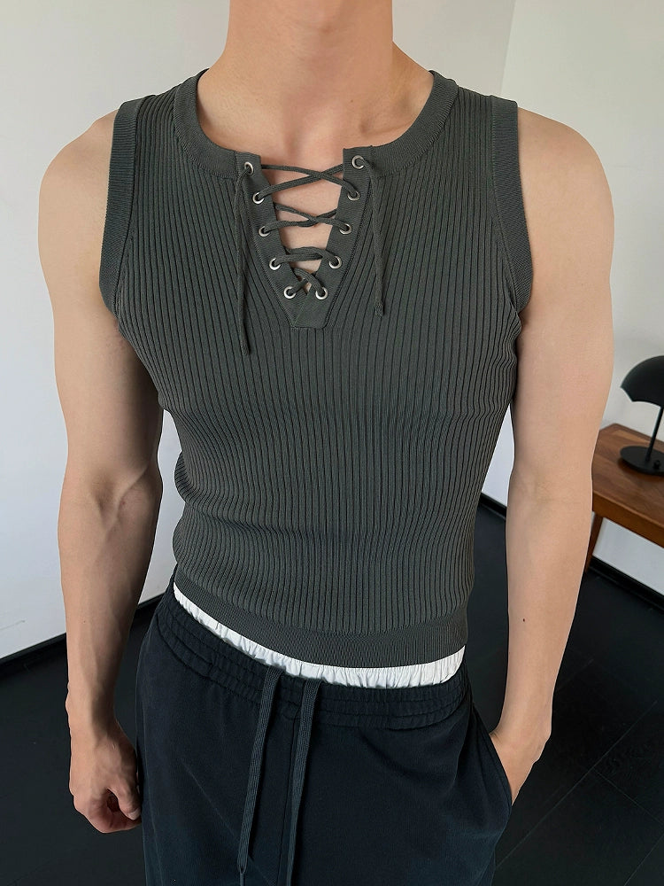 Ribbed Lace-Up Tank Top