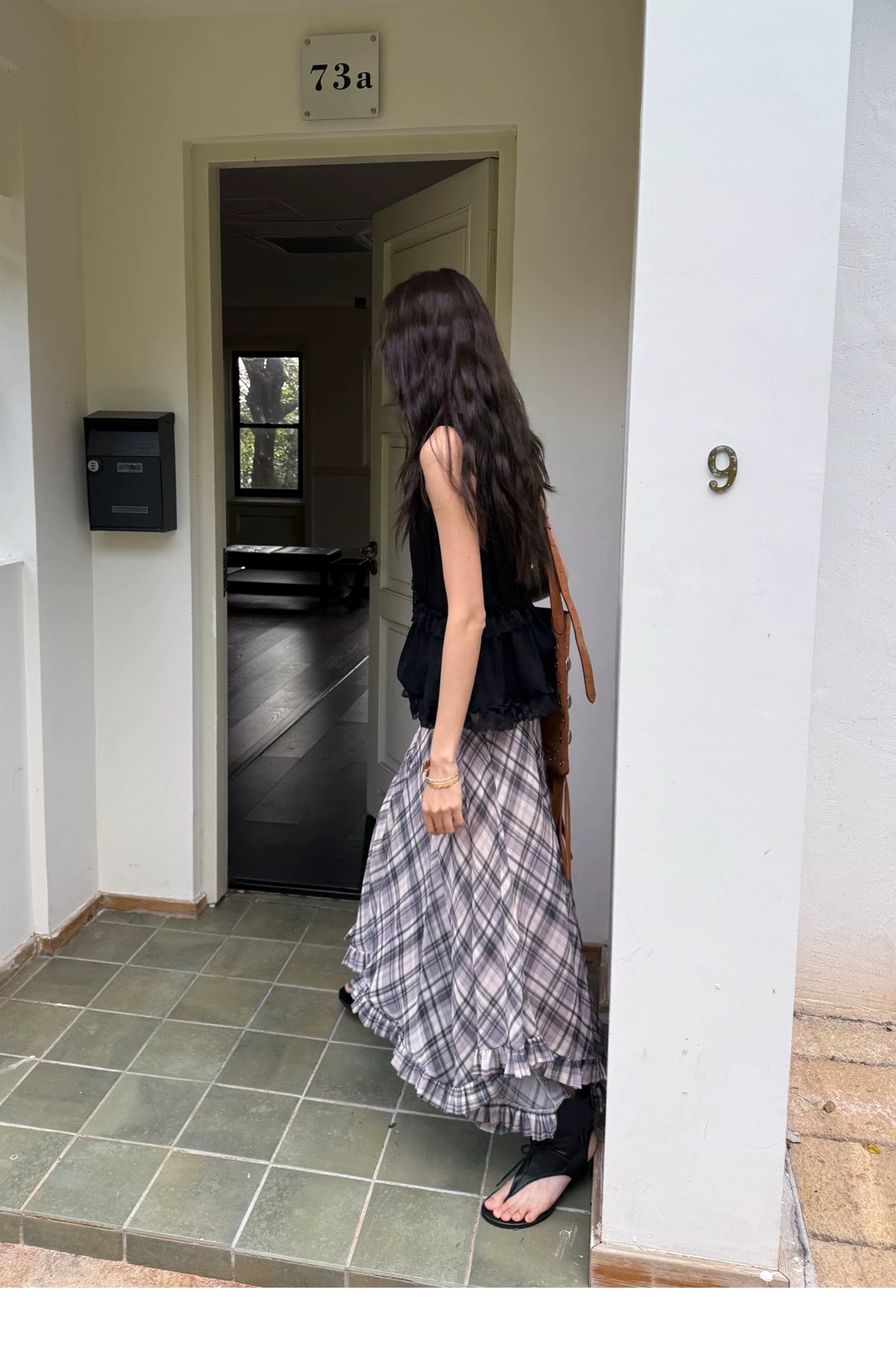 Plaid Chiffon Asymmetric Hem Skirt - purple plaid seated look
