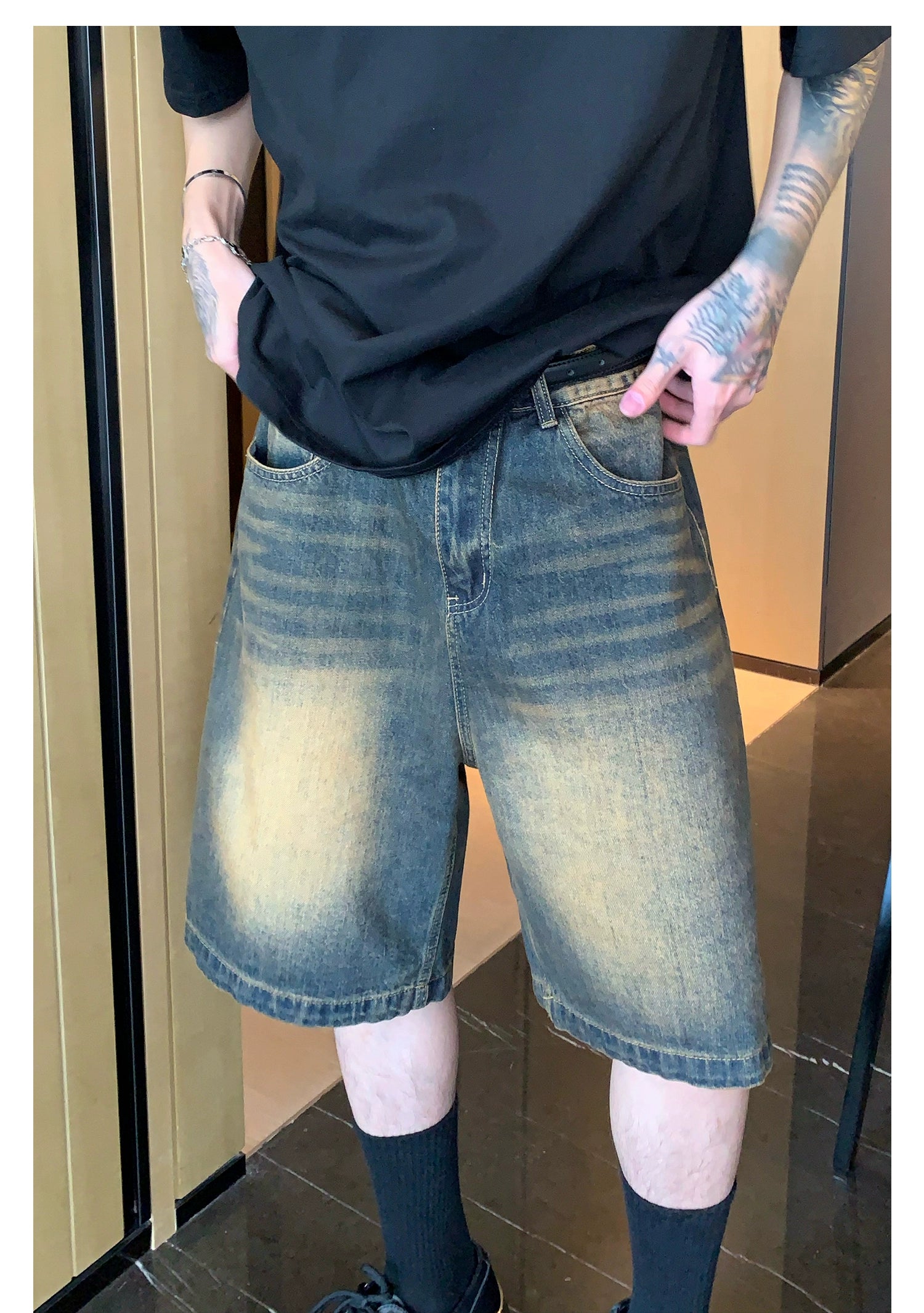 Faded Denim Shorts with Distressed Wash