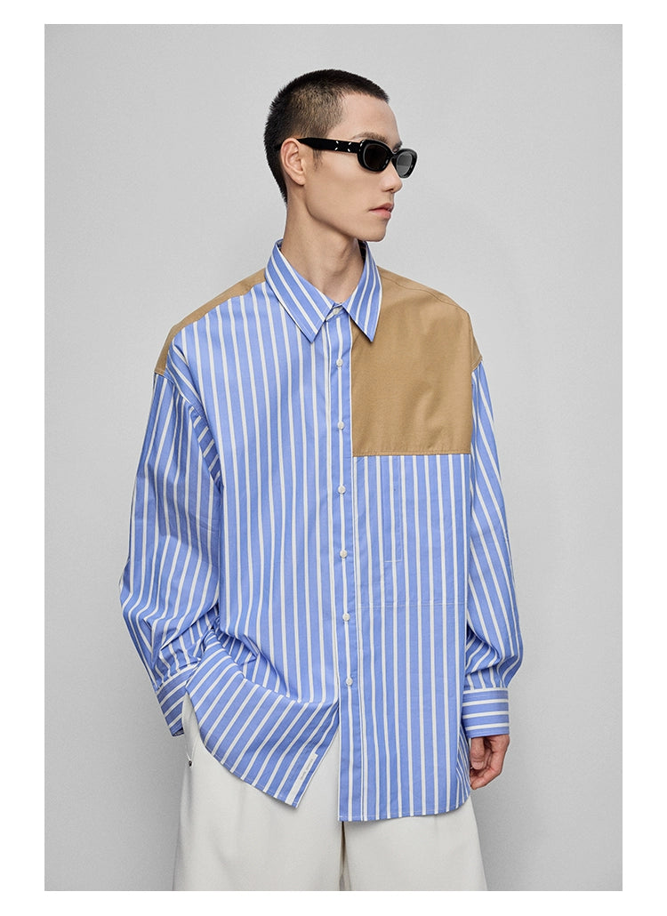 Color-Block Patchwork Pocket Oversized Shirt