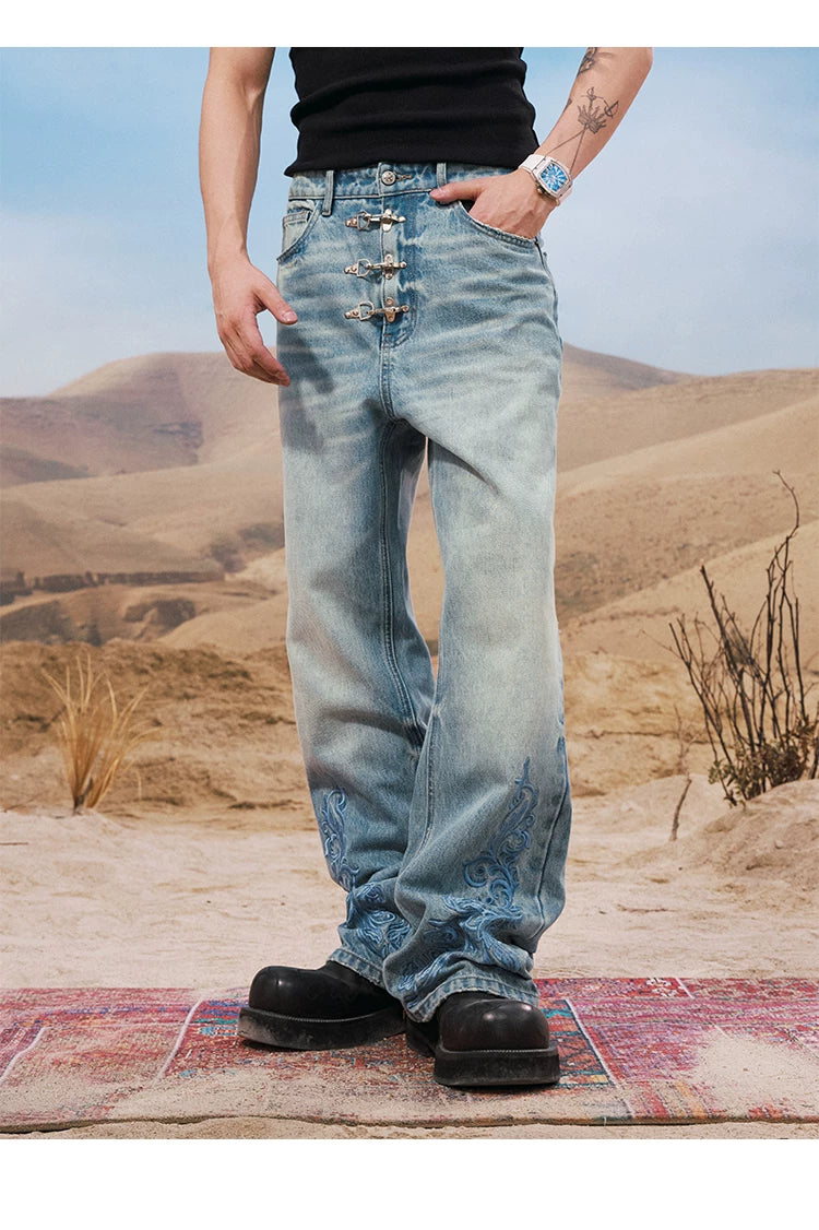 Embroidered Buckle Detail Wide Leg Jeans