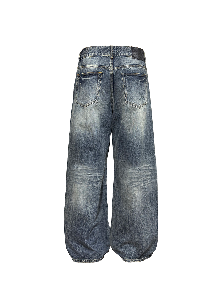 Indigo Vintage Wash Wide-Leg Balloon Jeans