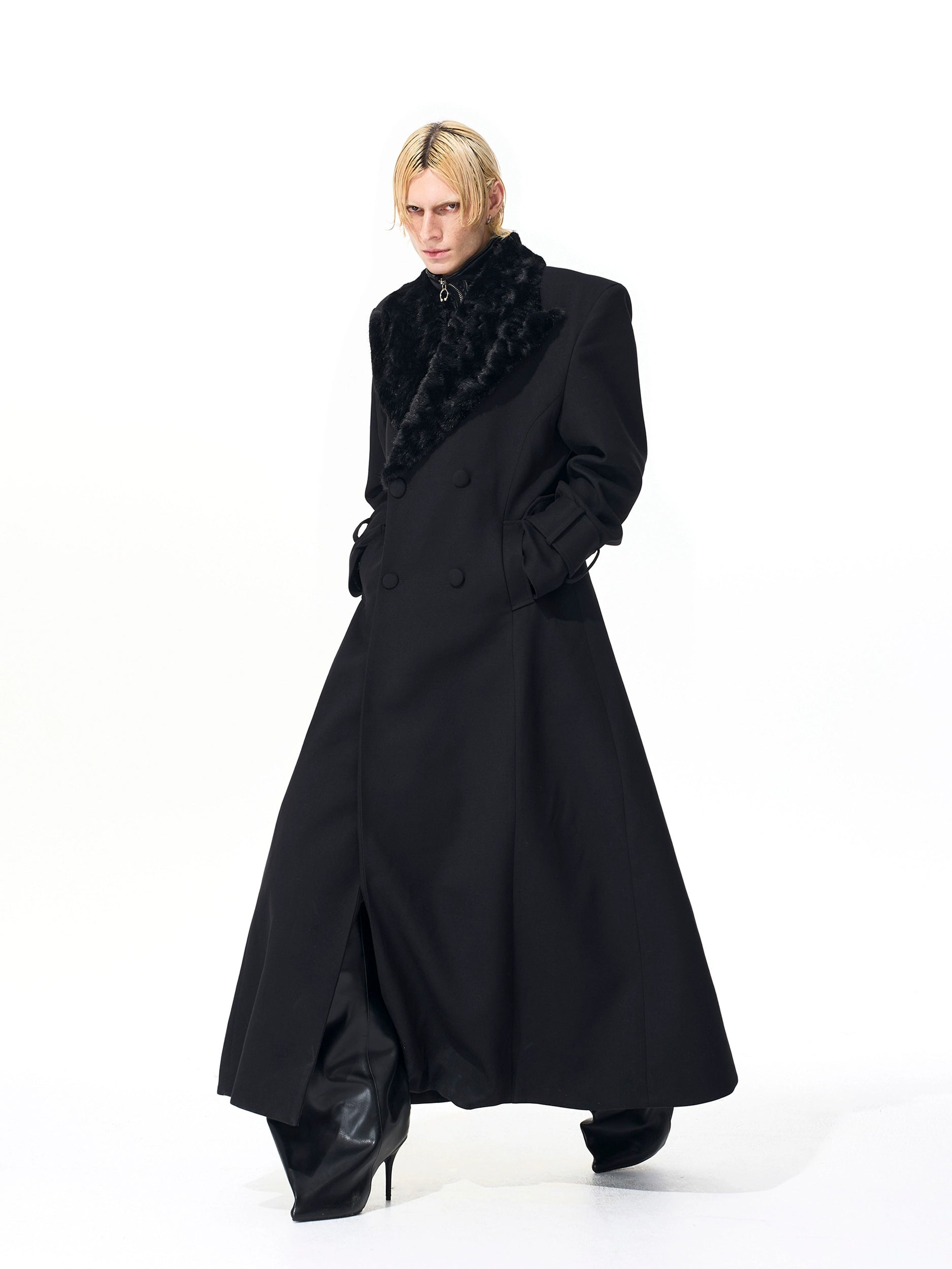 Black Faux Fur Collar Long Coat