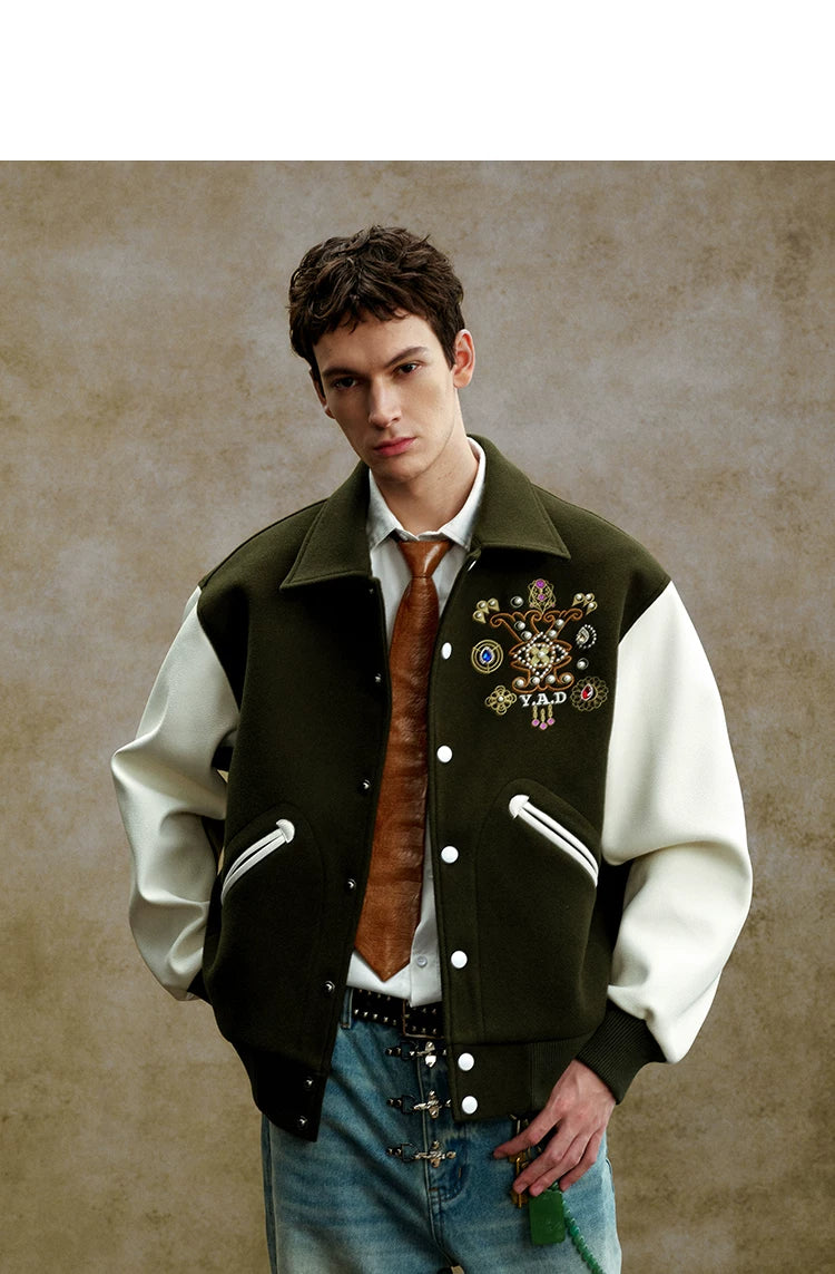 Embroidered Contrast Sleeve Varsity Jacket