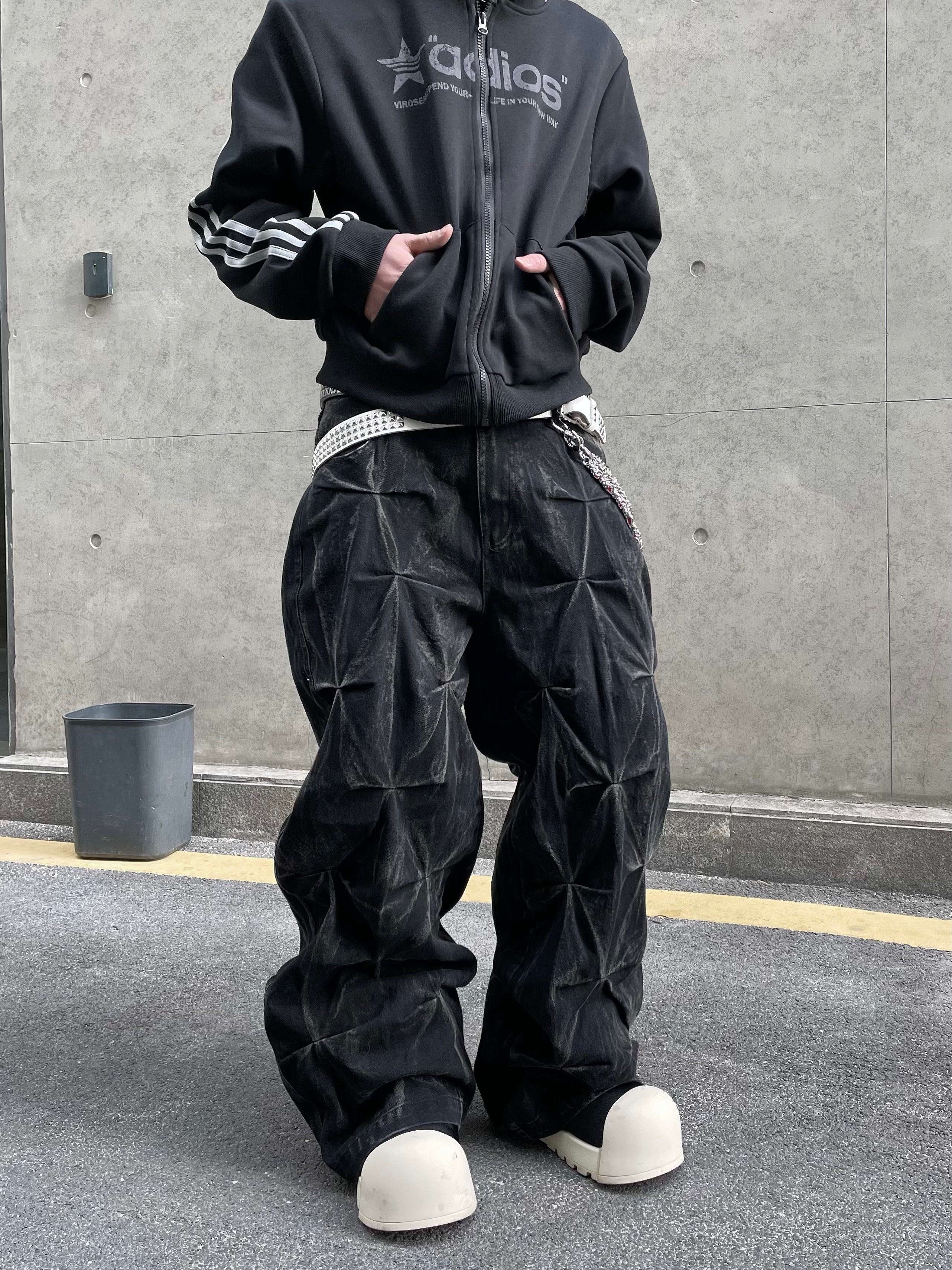 3D Geometric Pleated Wide Leg Jeans