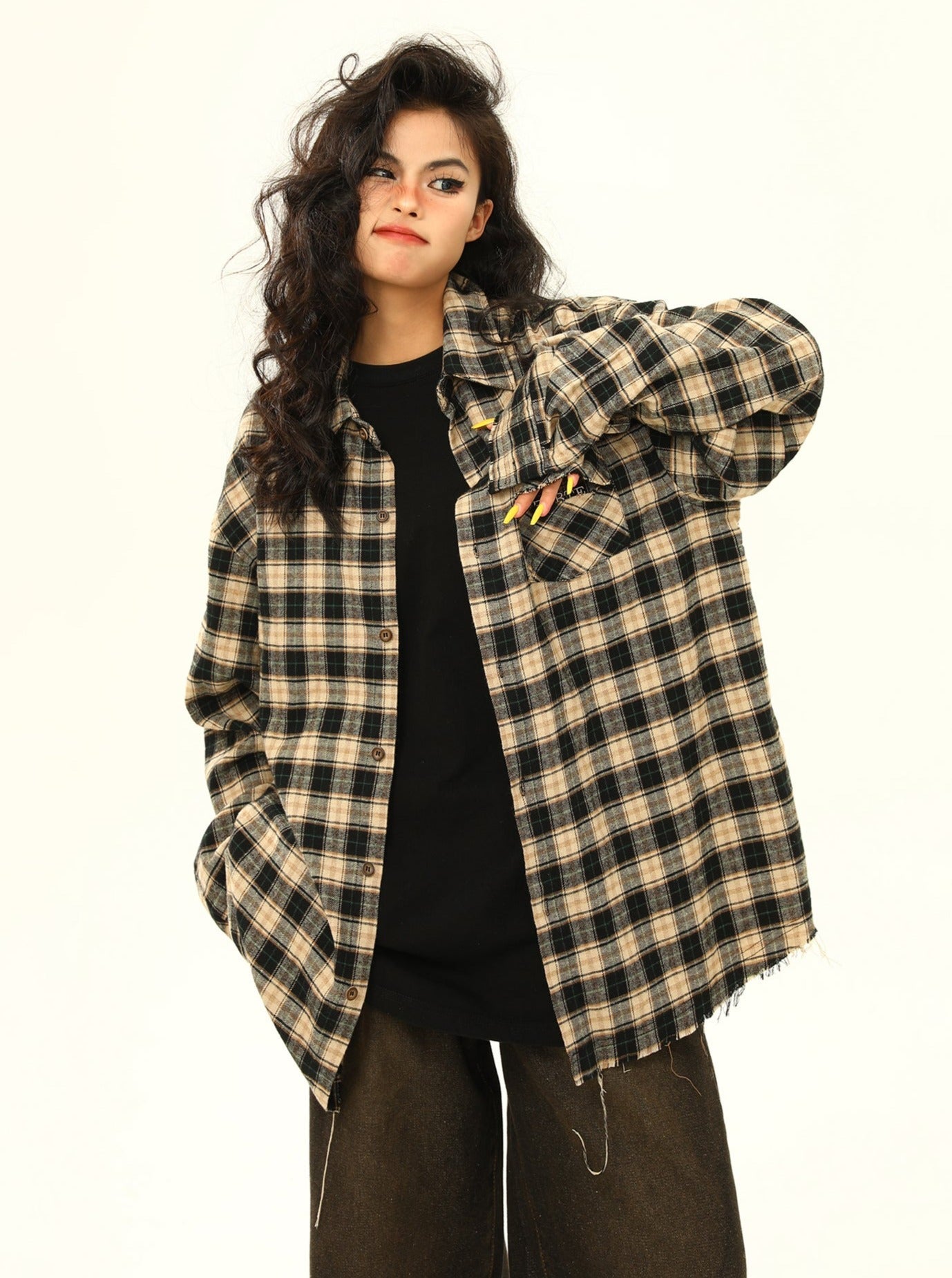 Oversized Distressed Plaid Flannel Shirt