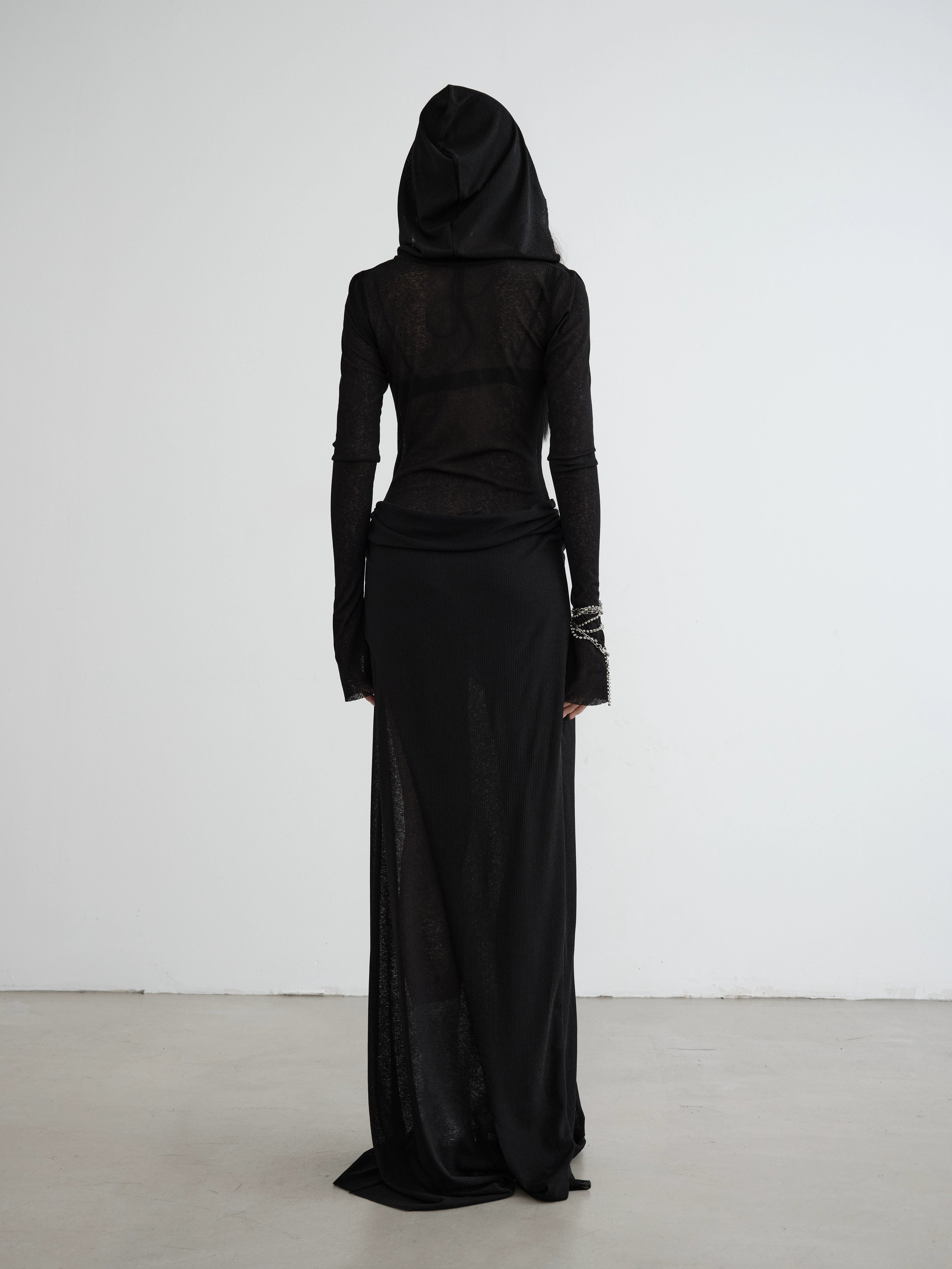 Sheer Black Hooded Maxi Dress