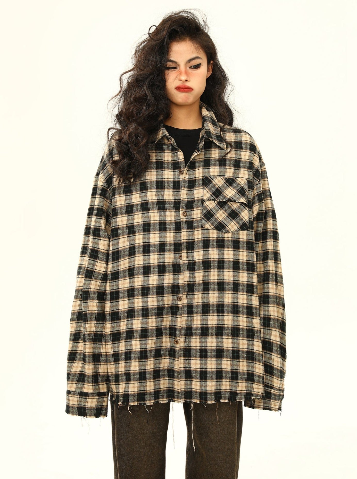 Oversized Distressed Plaid Flannel Shirt