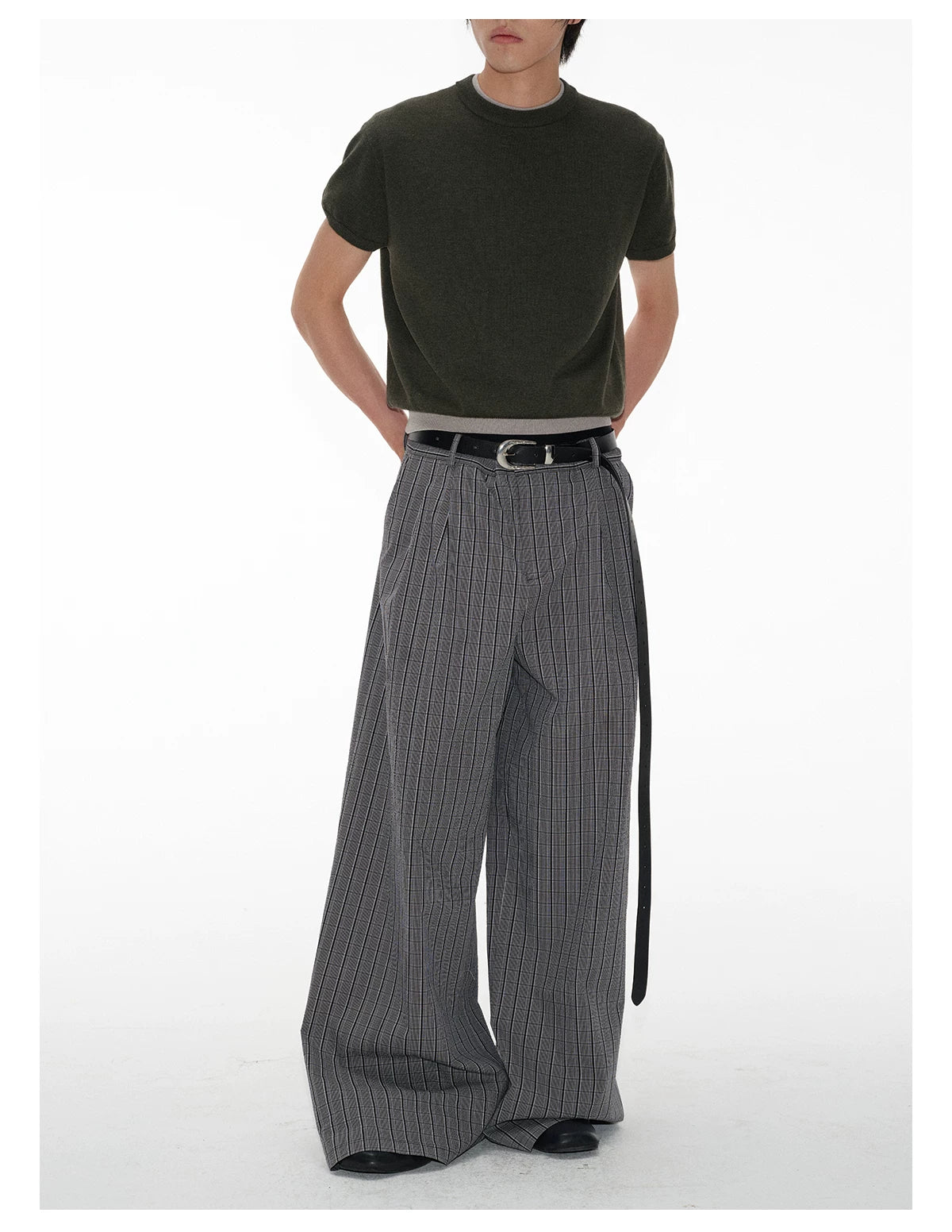 Grey Glen-Check Pleated Wide-Leg Trousers