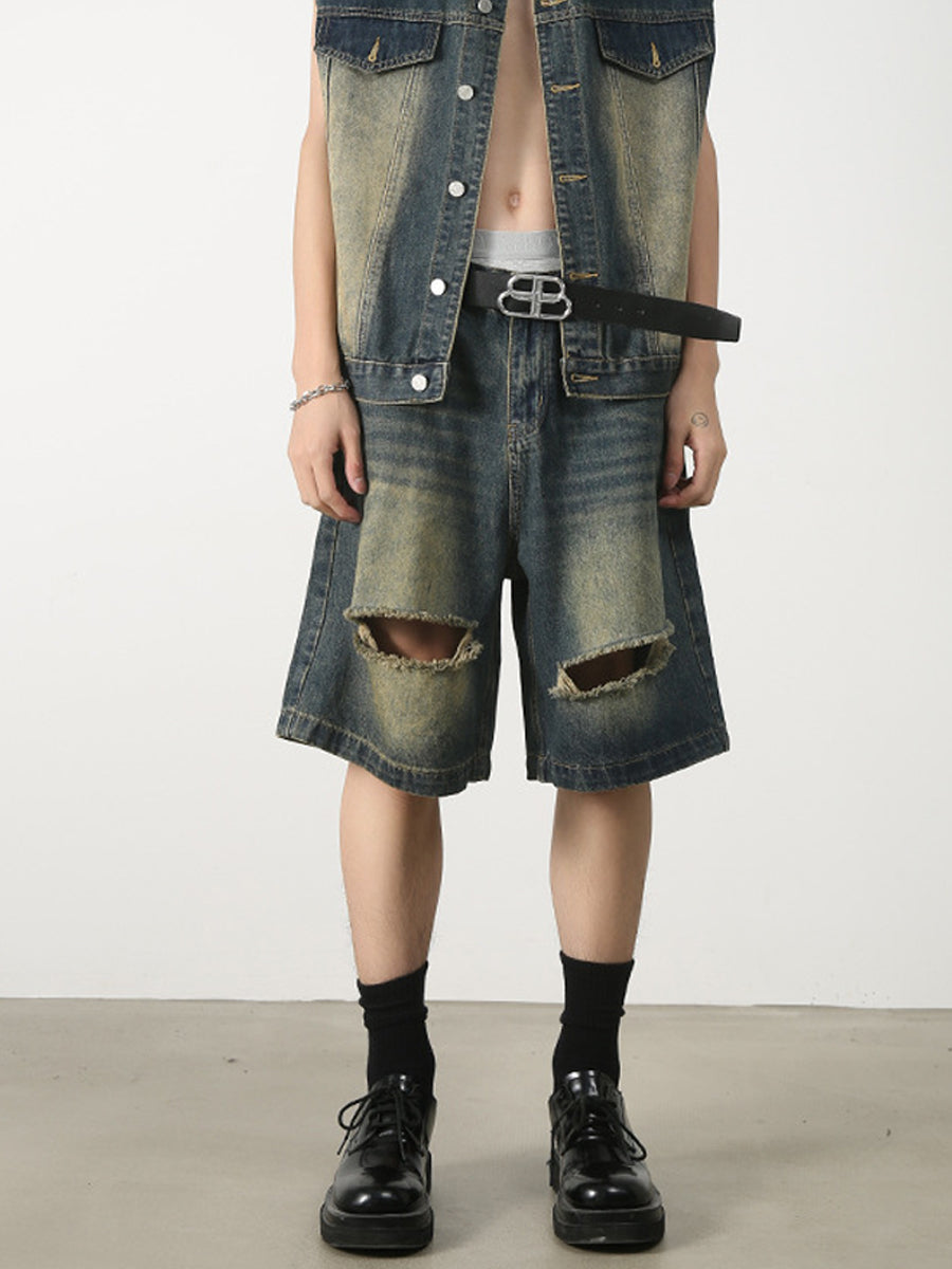 Distressed Faded Wide Leg Denim Shorts