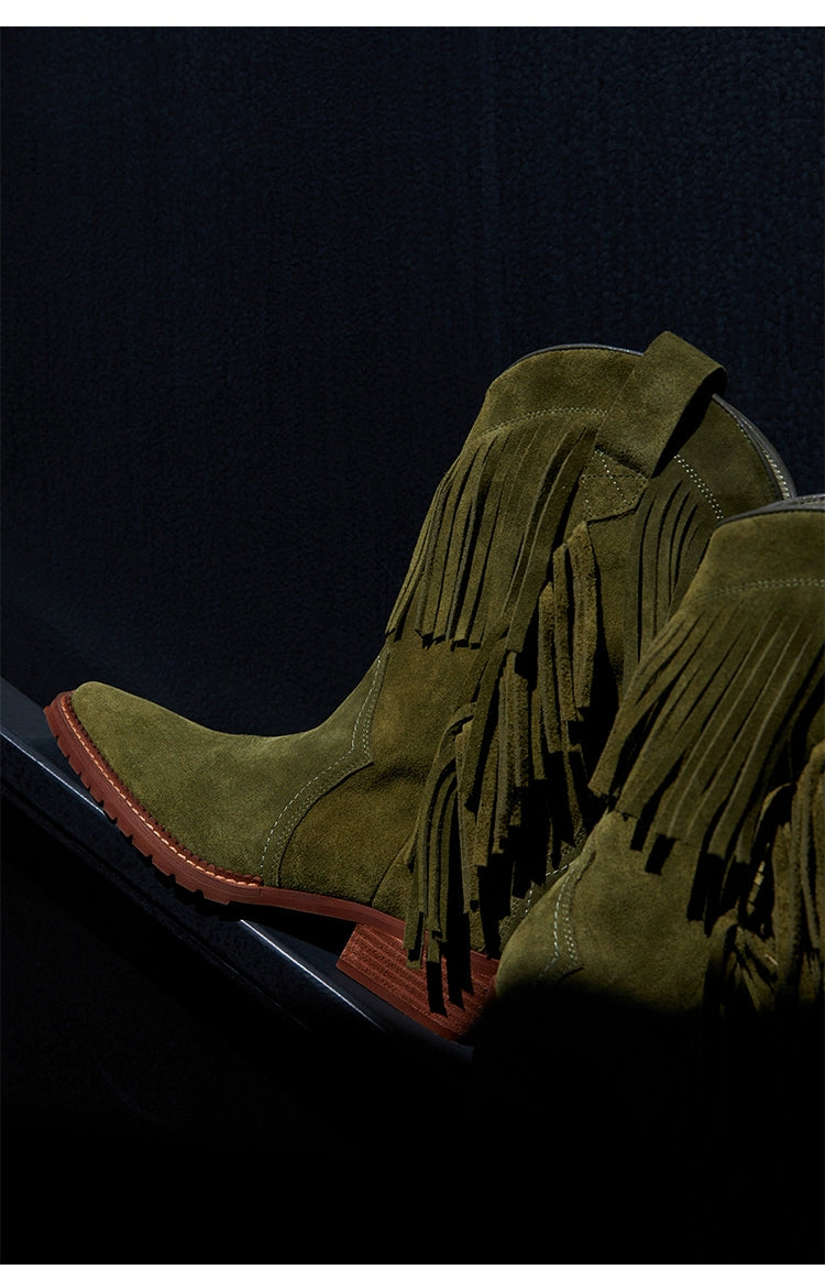 Cowboy Boot with Fringe Detailing and a Brown Stacked Heel