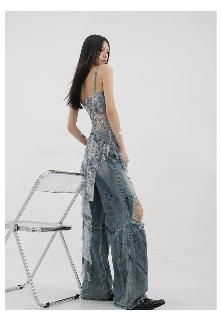 Vintage Distressed And Dirt-Dyed Patchwork Wide-Leg Jeans - chiclara