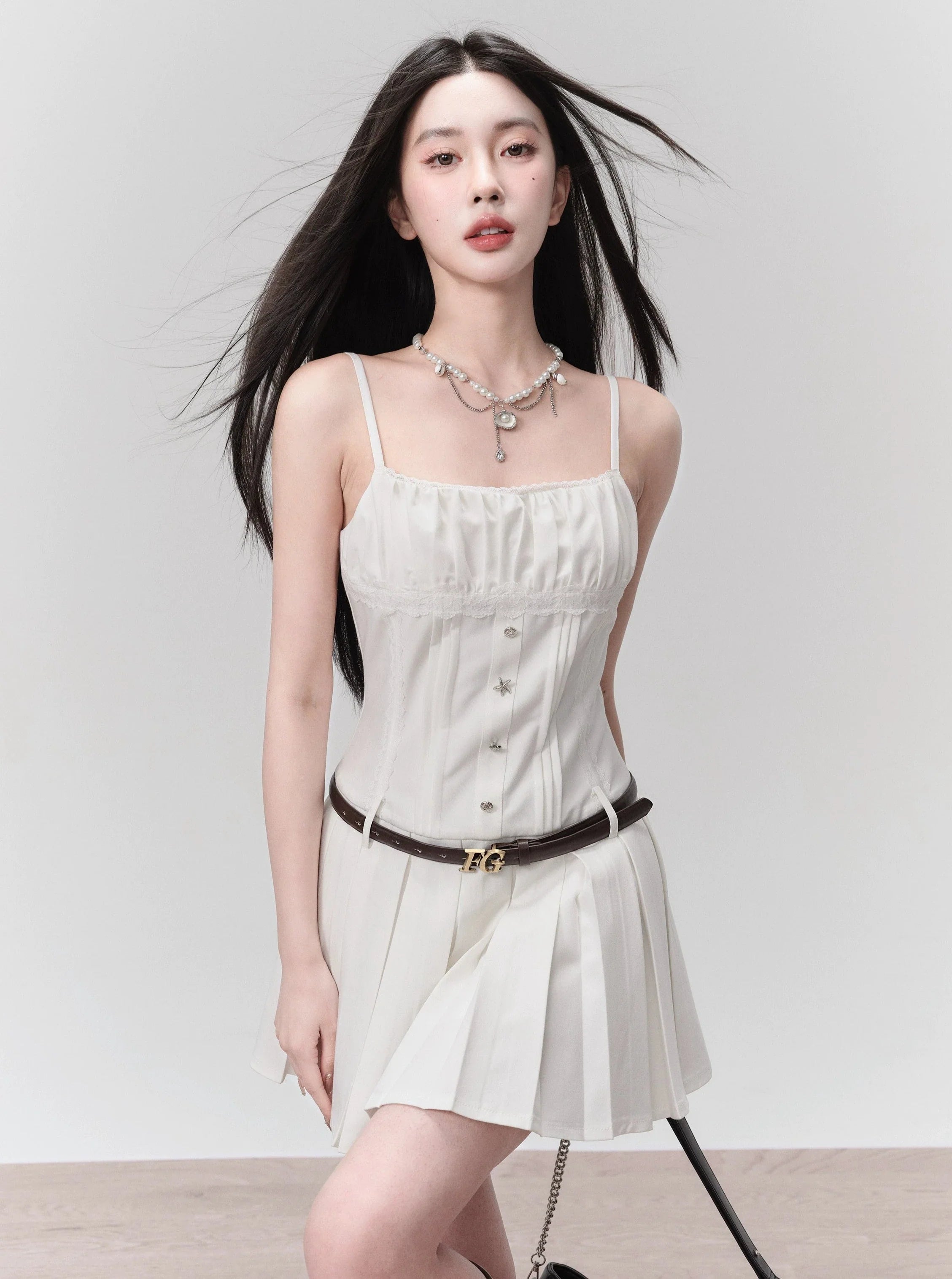 White Pleated Mini Tennis Dress with Button-Front Bodice