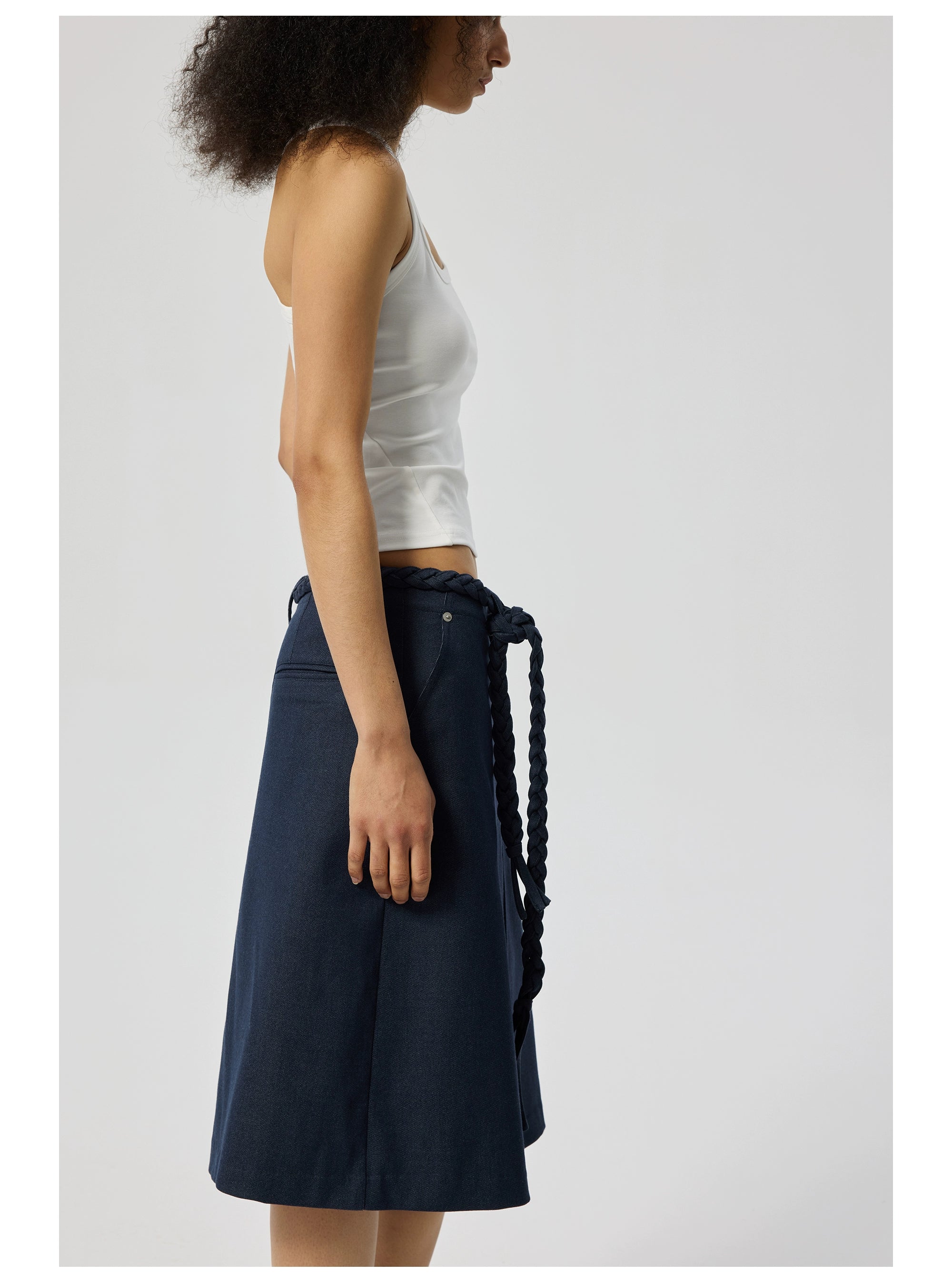 Navy Knee-Length Skirt with Braided Belt