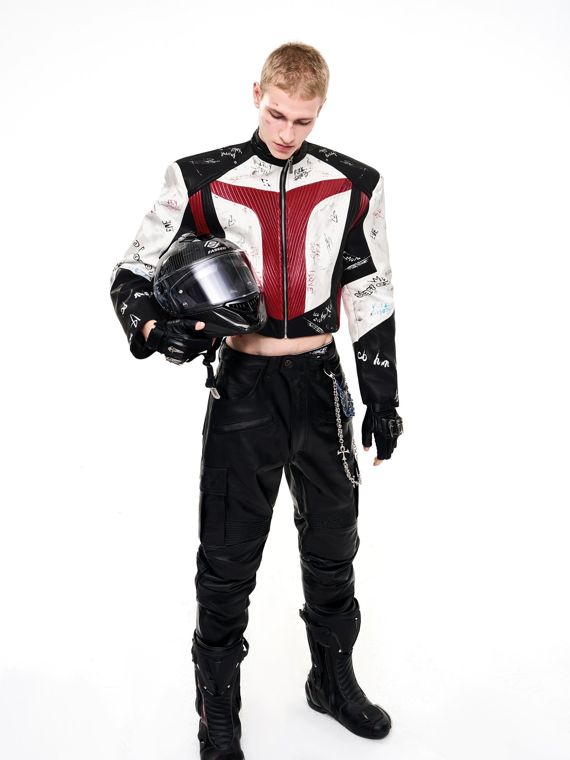 Colorblock Graffiti Print Moto Leather Jacket