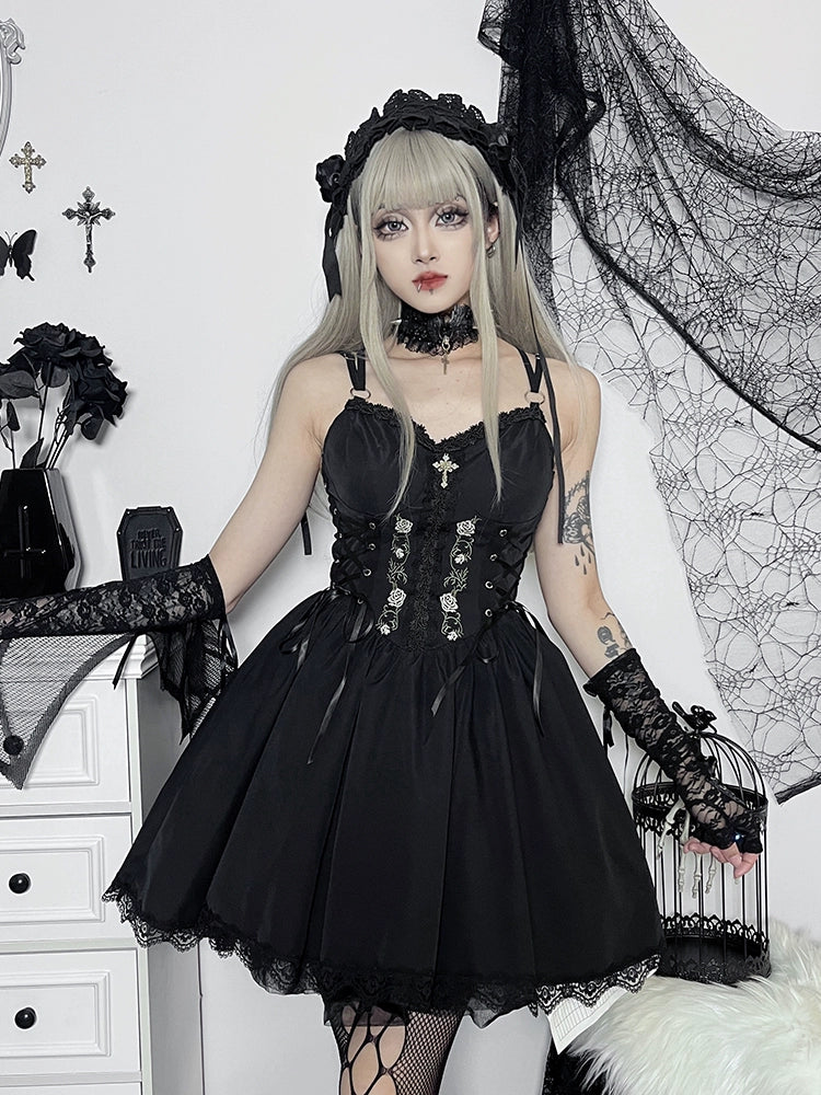 Wannathis Gothic Lolita Dress Set - Black Corset Mini Dress With Lace Bolero And Gloves