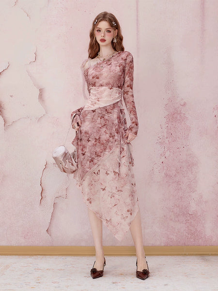 Pink Floral Long Sleeve Midi Dress Grey Pink / M