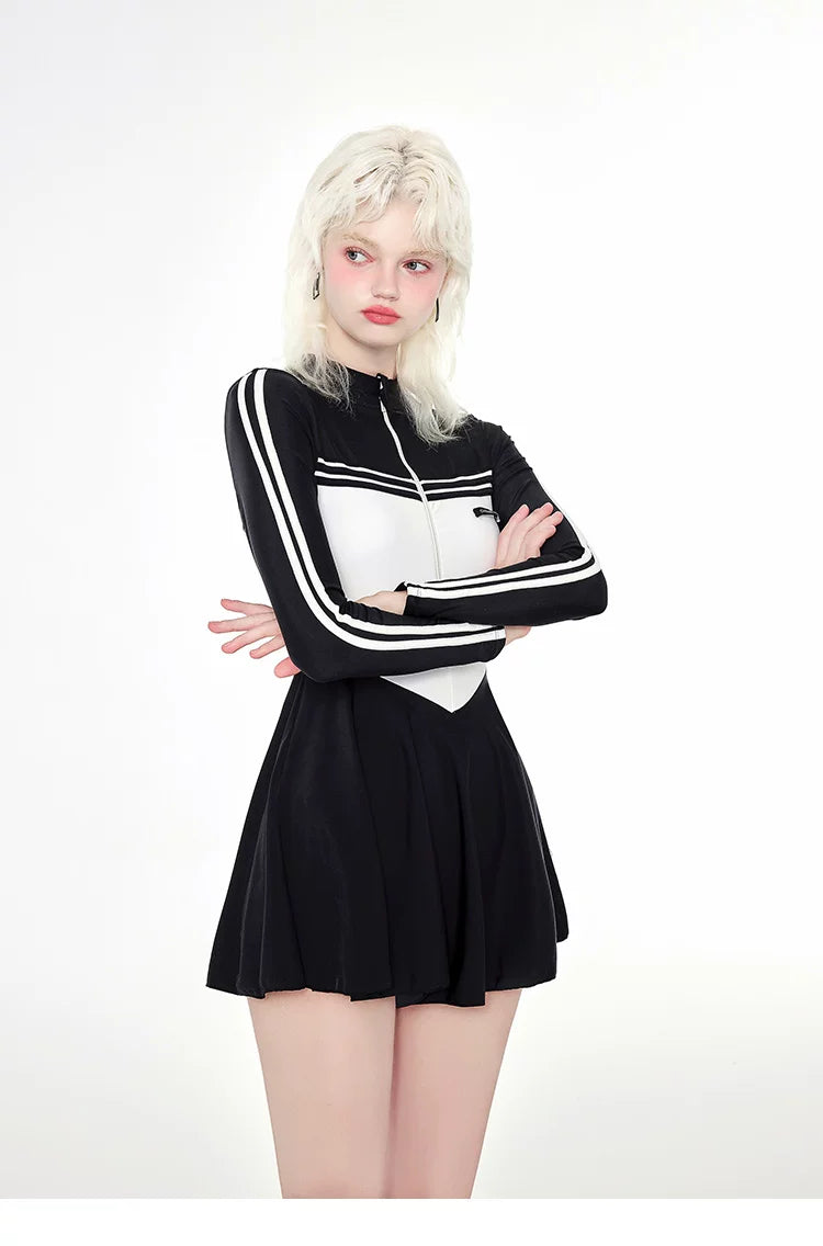 Monochrome Varsity Zip Skater Swimsuit
