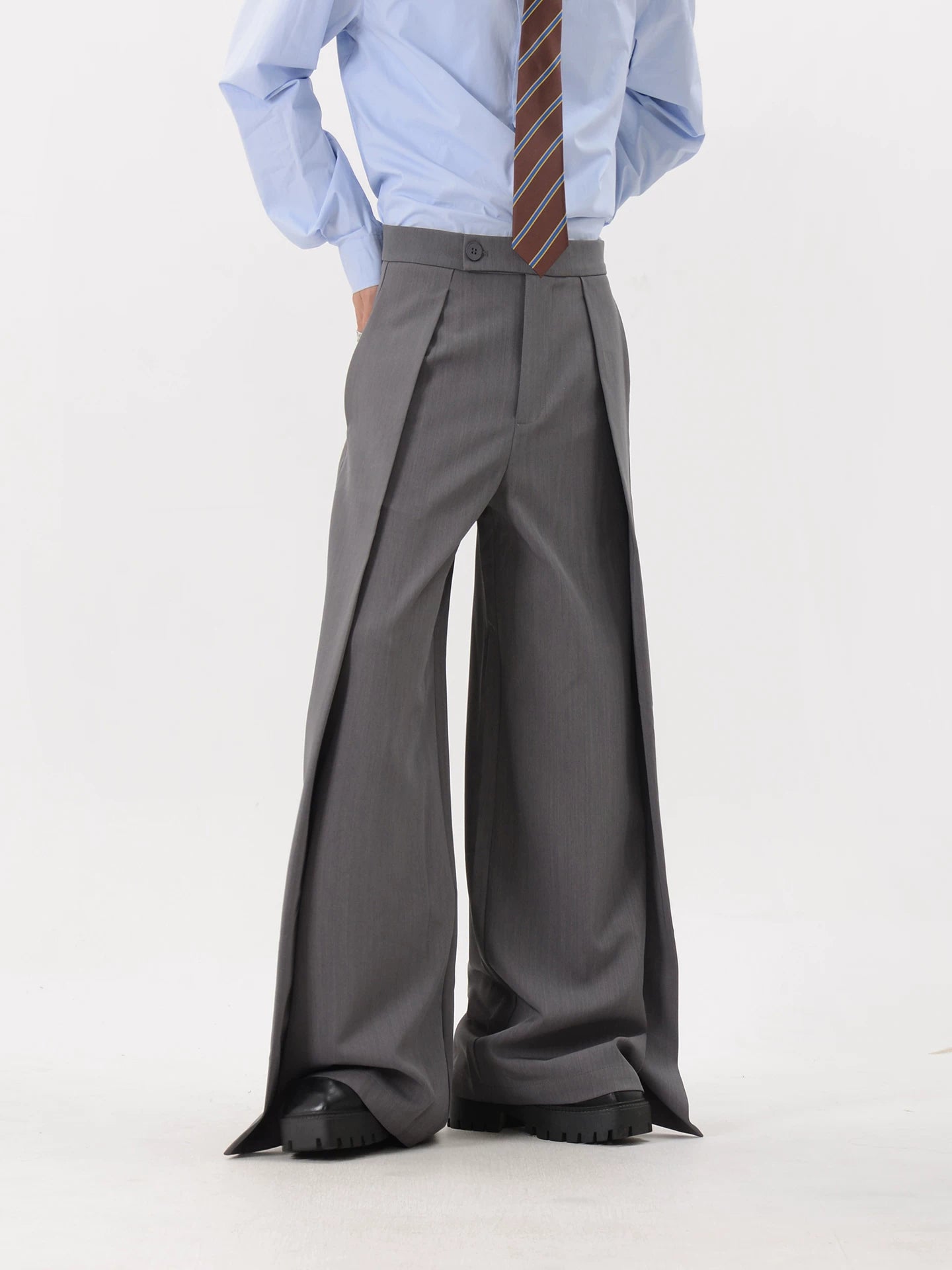 High-Waisted Pleated Ultra-Wide Leg Trousers with Side Slit Panels