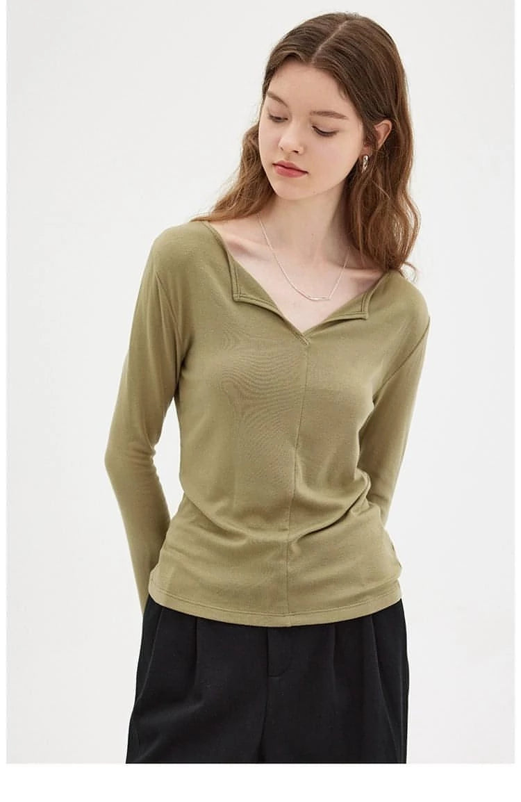 V-Neck Long Sleeve Knitted Base Layer Top - chiclara