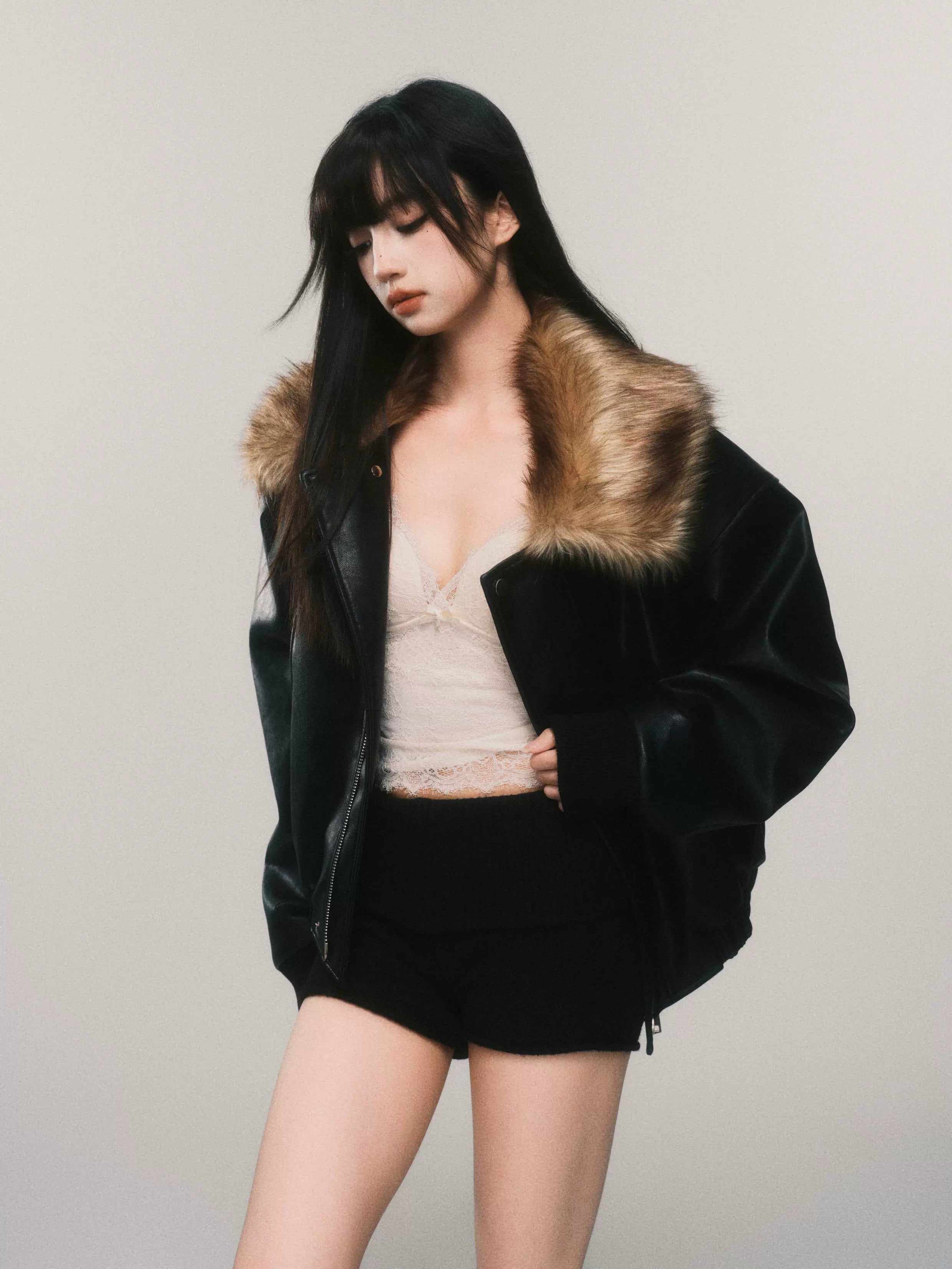 Midnight Aviator Faux‑Fur Bomber Jacket