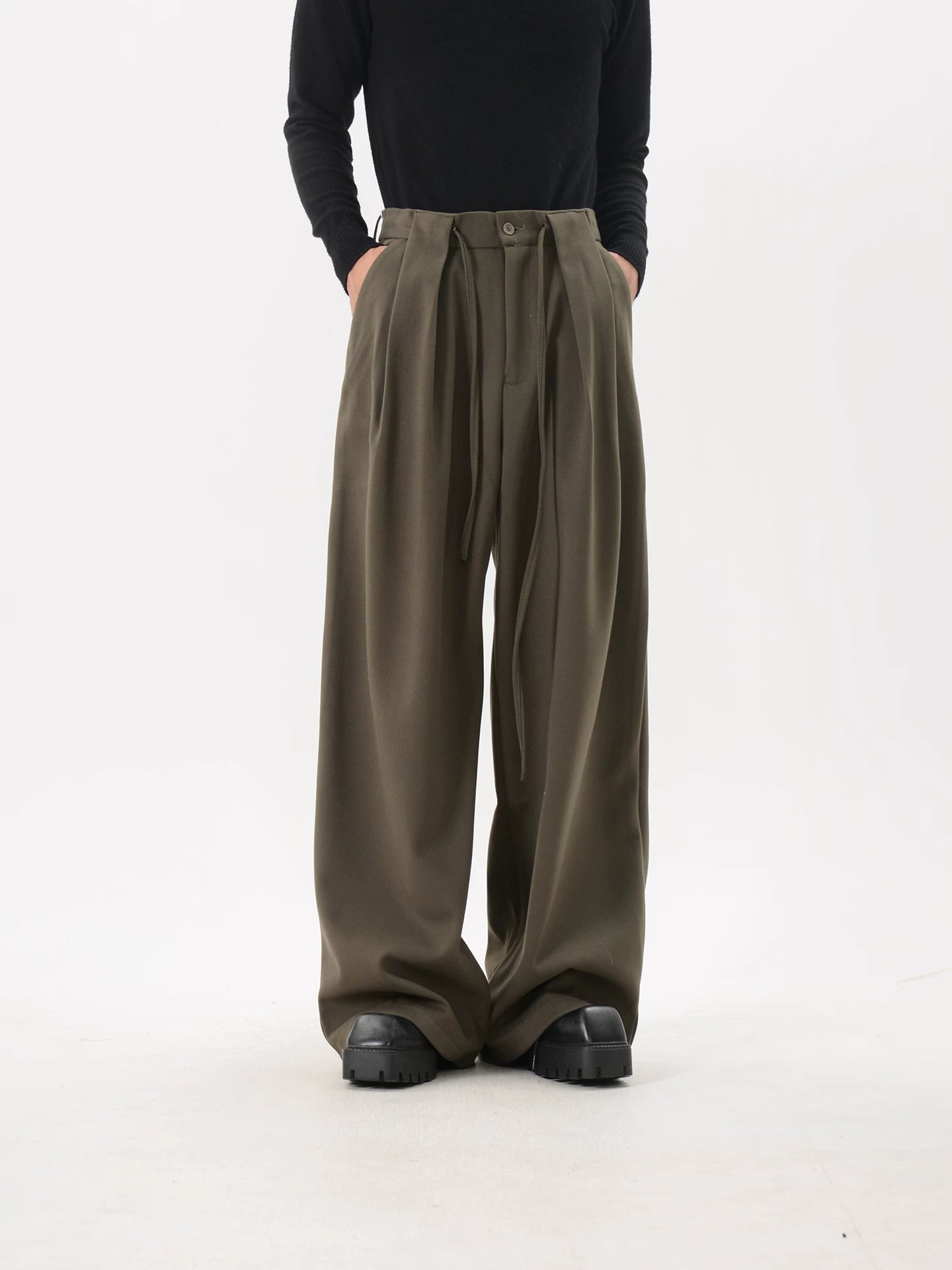 Pleated Casual Drawstring Wide-Leg Trousers